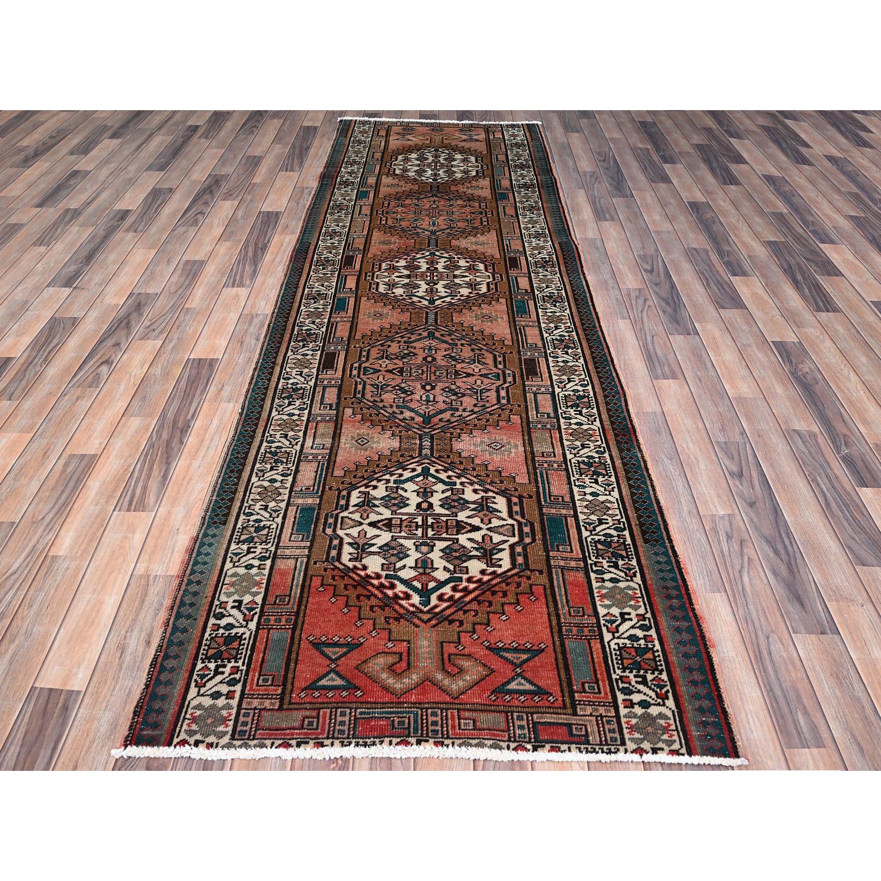 3'5"x10'2" Pastry Shell Brown, Evenly Worn Sheared Low Distressed, Semi Antique North West Persian, Hand Knotted, Organic Wool, Sides and Ends Professionally Secured, Cleaned, Wide and Long Runner, Oriental Rug Sh85988