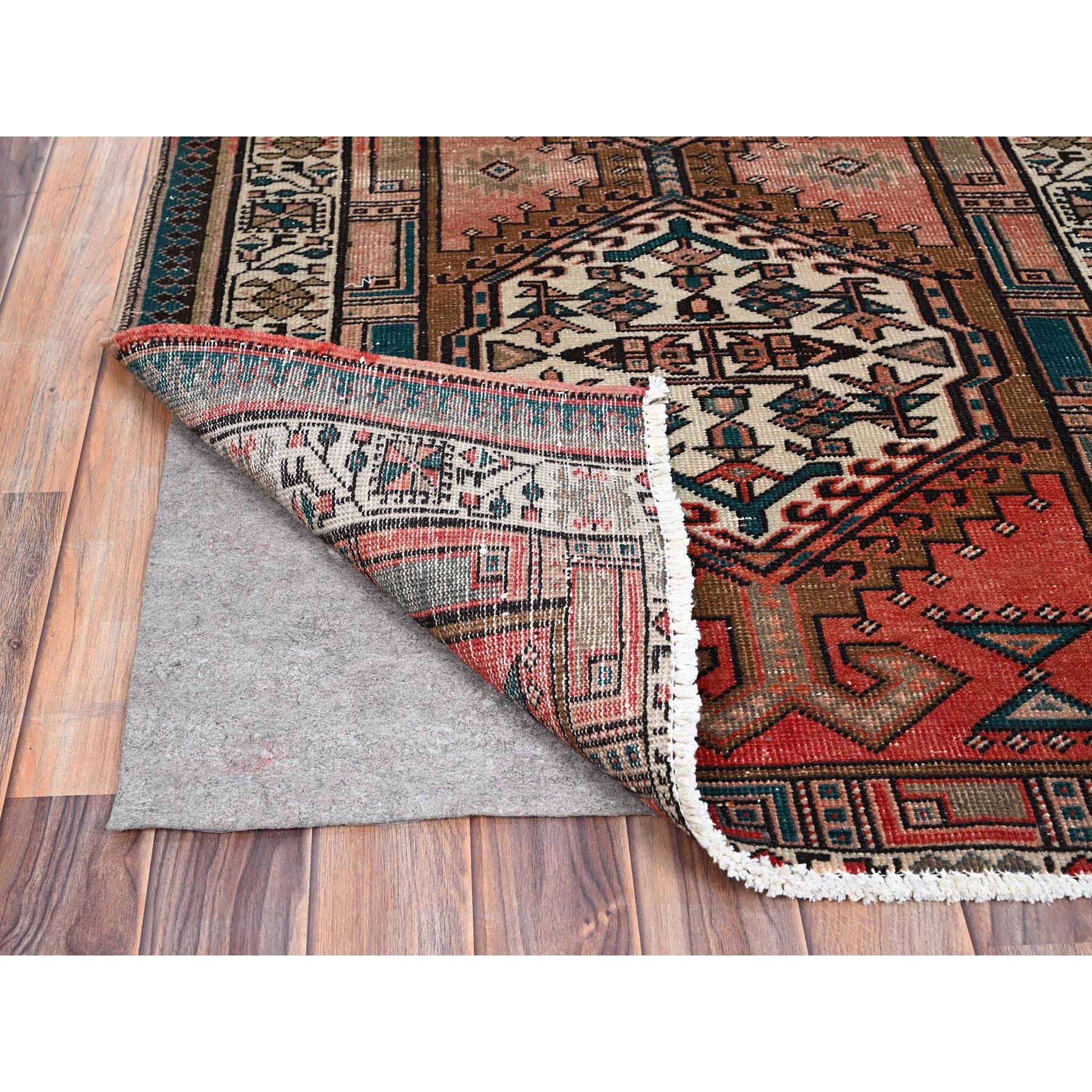 3'5"x10'2" Pastry Shell Brown, Evenly Worn Sheared Low Distressed, Semi Antique North West Persian, Hand Knotted, Organic Wool, Sides and Ends Professionally Secured, Cleaned, Wide and Long Runner, Oriental Rug Sh85988