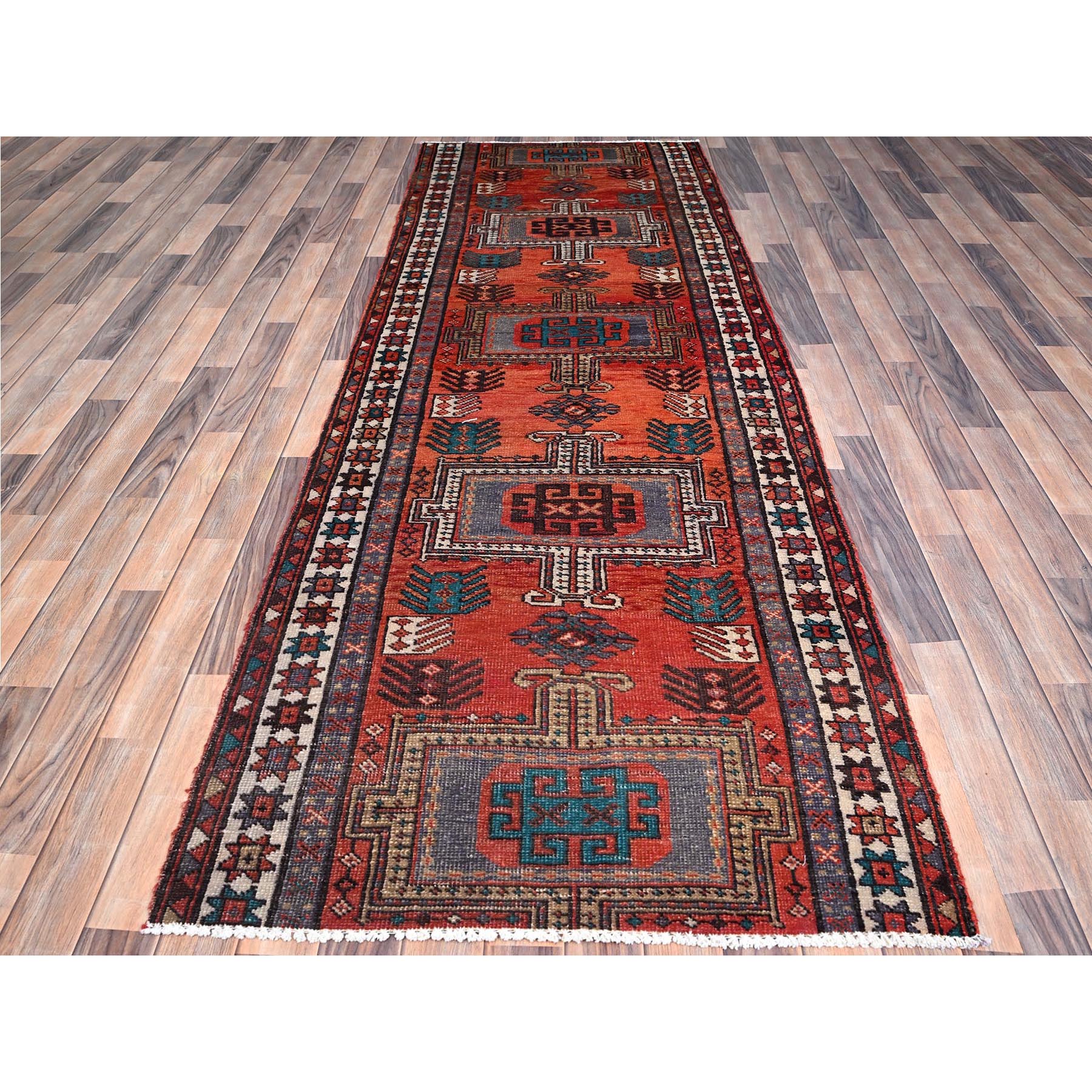 3'5"x9'8" Sunset Dragon Fire Orange, Semi Antique Persian Heriz, Cleaned, Sides and Ends Professionally Secured, Good Condition, Hand Knotted Distressed Natural Wool Wide and Long Runner Oriental Rug Sh85989