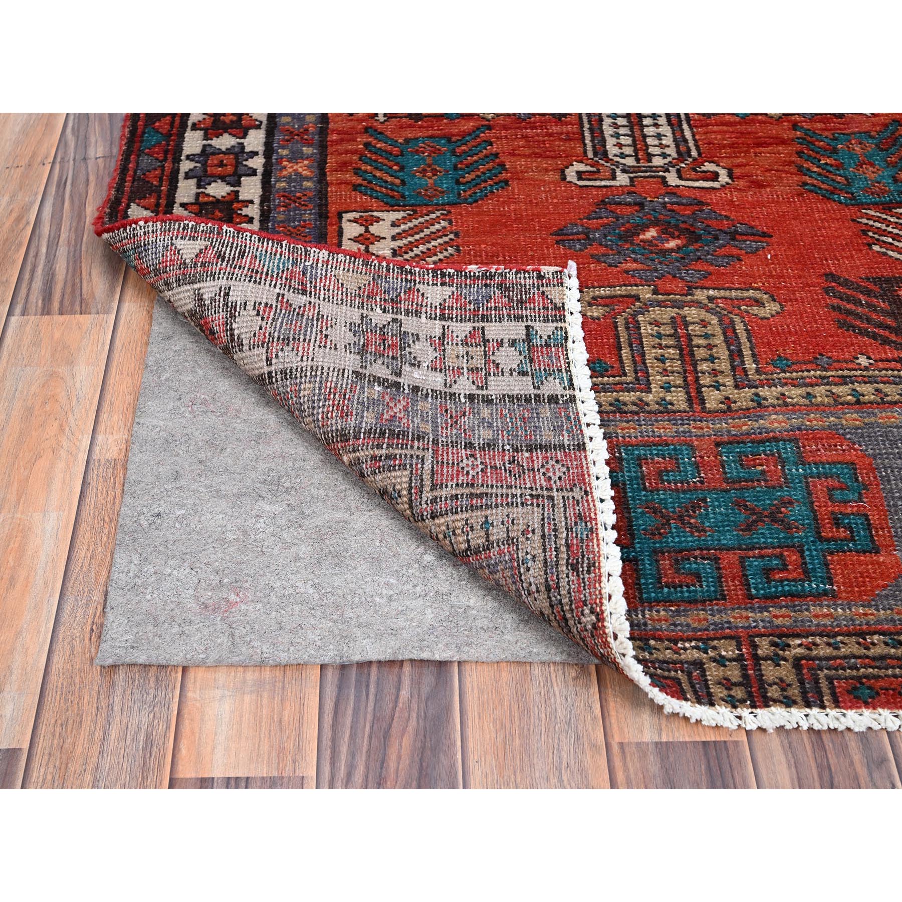 3'5"x9'8" Sunset Dragon Fire Orange, Semi Antique Persian Heriz, Cleaned, Sides and Ends Professionally Secured, Good Condition, Hand Knotted Distressed Natural Wool Wide and Long Runner Oriental Rug Sh85989