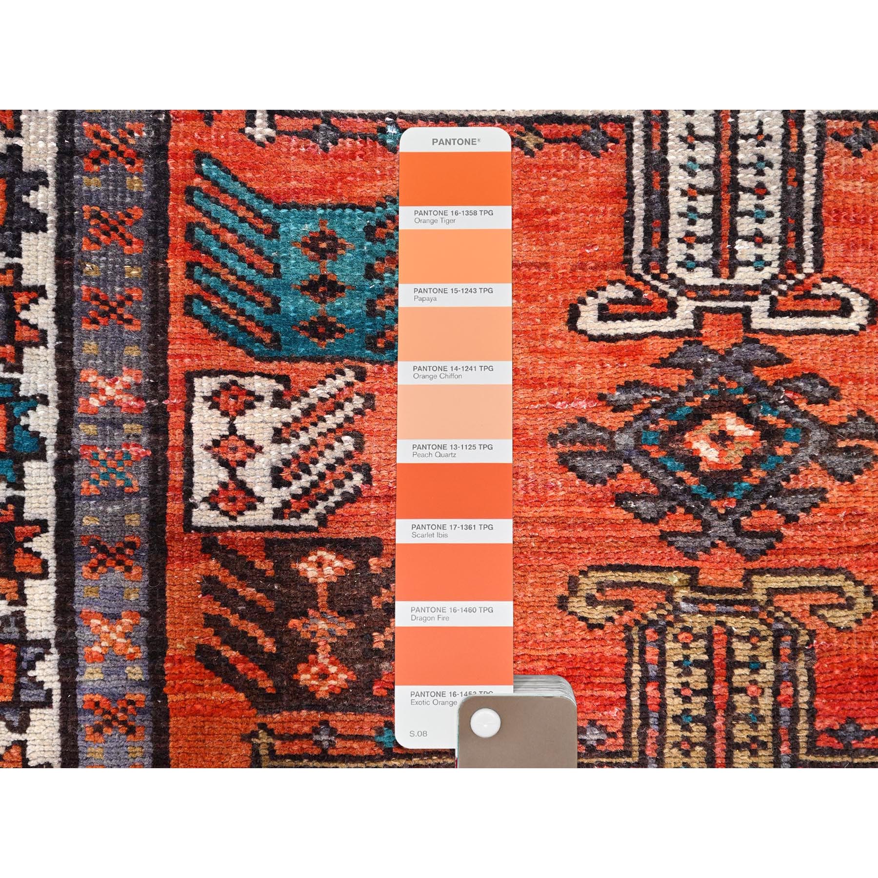 3'5"x9'8" Sunset Dragon Fire Orange, Semi Antique Persian Heriz, Cleaned, Sides and Ends Professionally Secured, Good Condition, Hand Knotted Distressed Natural Wool Wide and Long Runner Oriental Rug Sh85989