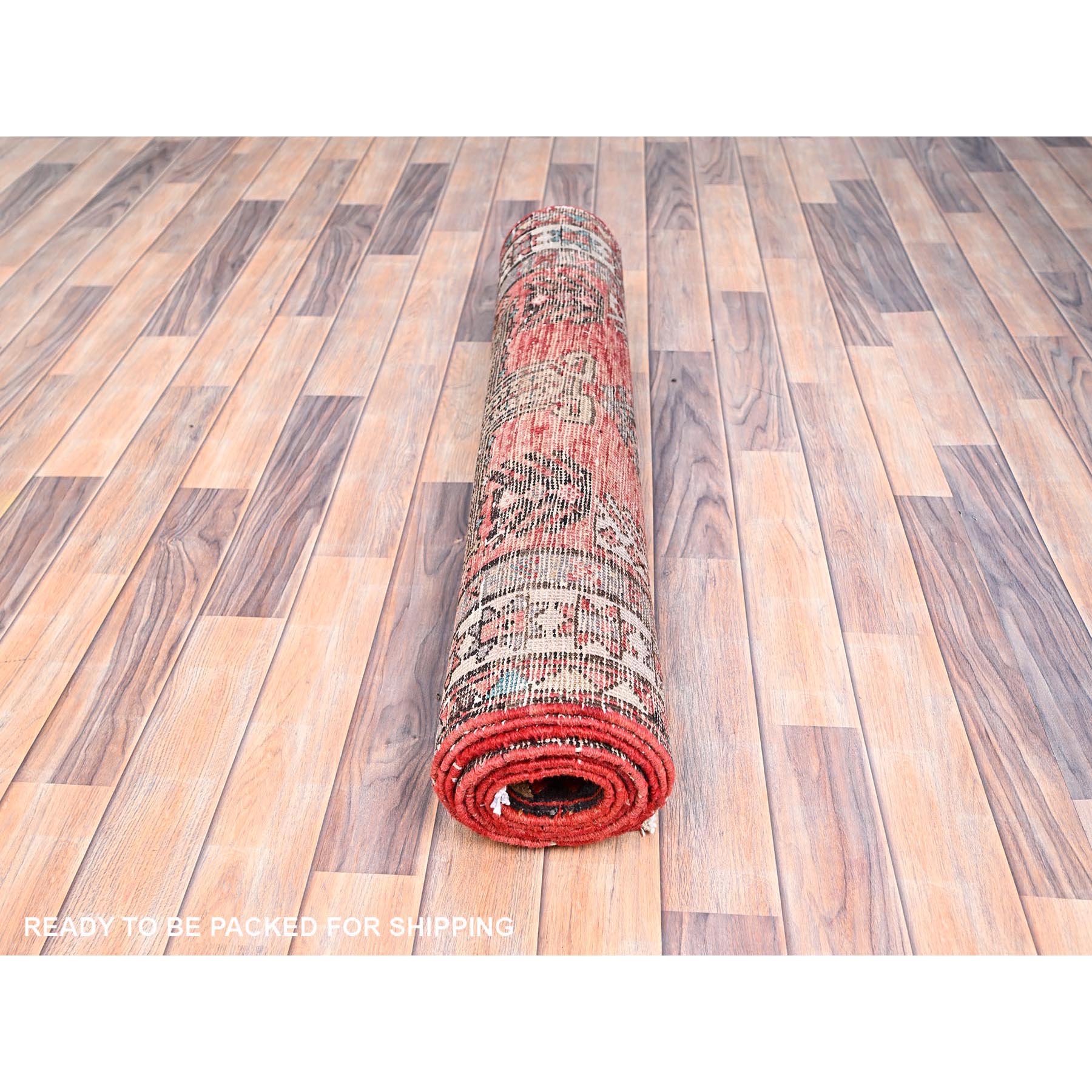 3'5"x9'8" Sunset Dragon Fire Orange, Semi Antique Persian Heriz, Cleaned, Sides and Ends Professionally Secured, Good Condition, Hand Knotted Distressed Natural Wool Wide and Long Runner Oriental Rug Sh85989