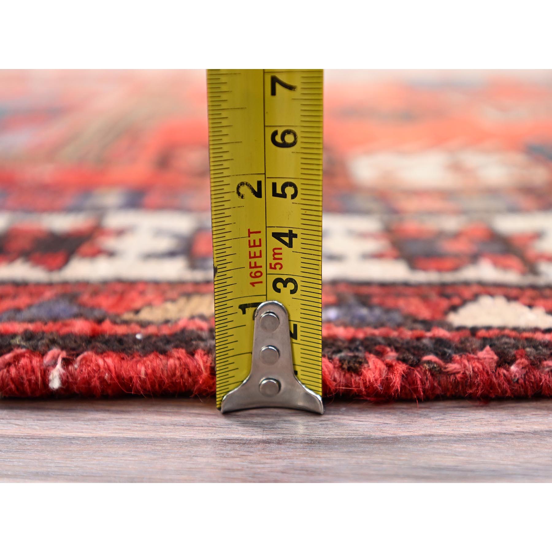 3'5"x9'8" Sunset Dragon Fire Orange, Semi Antique Persian Heriz, Cleaned, Sides and Ends Professionally Secured, Good Condition, Hand Knotted Distressed Natural Wool Wide and Long Runner Oriental Rug Sh85989