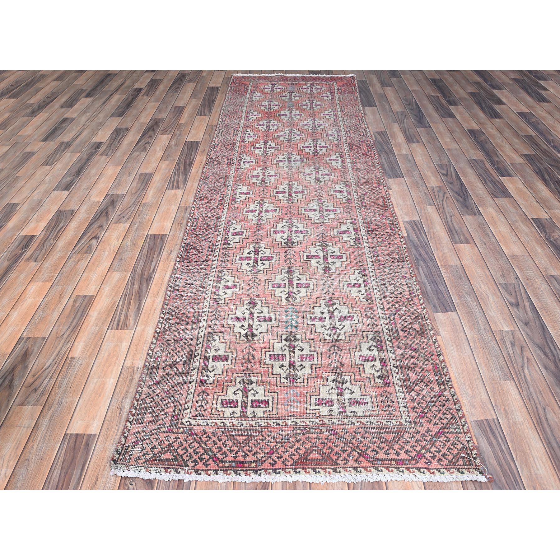 3'2"x10'9" Fruit Dove Pink, Sheared Low, Hand Knotted Semi Antique Persian Baluch Village Design, Abrash, Evenly Worn, Distressed and Professionally Cleaned, Sides and Ends Secured, Soft Wool Cropped Thin, Wide and Long Runner Oriental Rug Sh86007