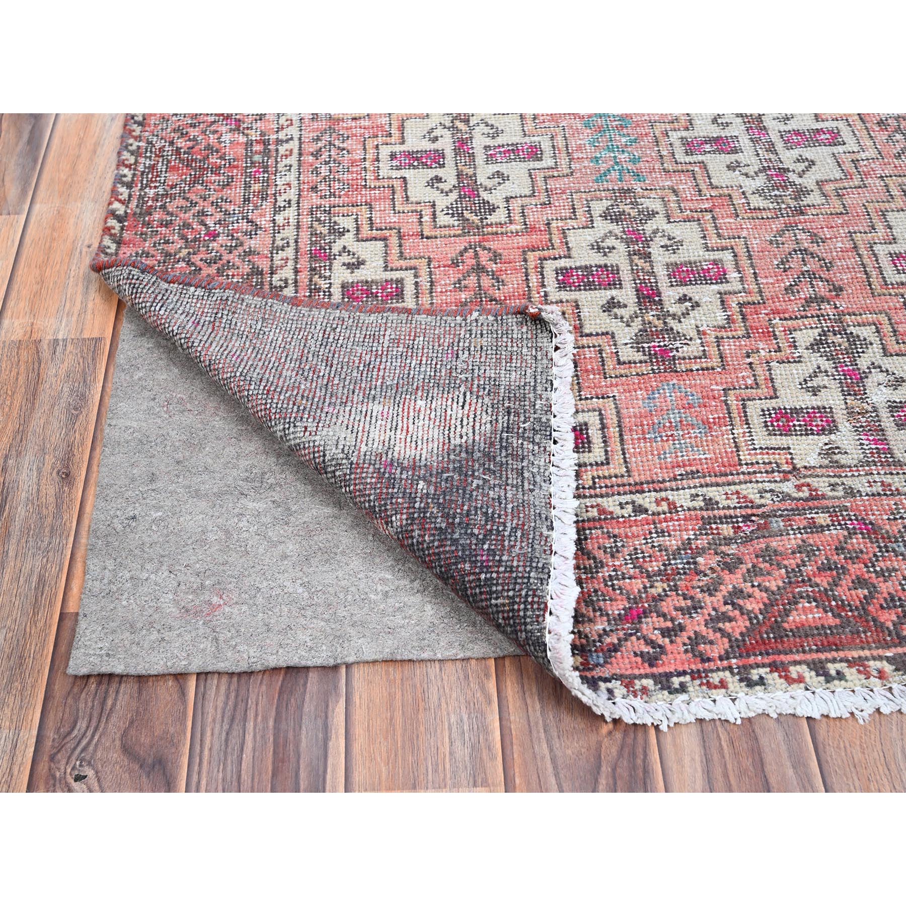 3'2"x10'9" Fruit Dove Pink, Sheared Low, Hand Knotted Semi Antique Persian Baluch Village Design, Abrash, Evenly Worn, Distressed and Professionally Cleaned, Sides and Ends Secured, Soft Wool Cropped Thin, Wide and Long Runner Oriental Rug Sh86007