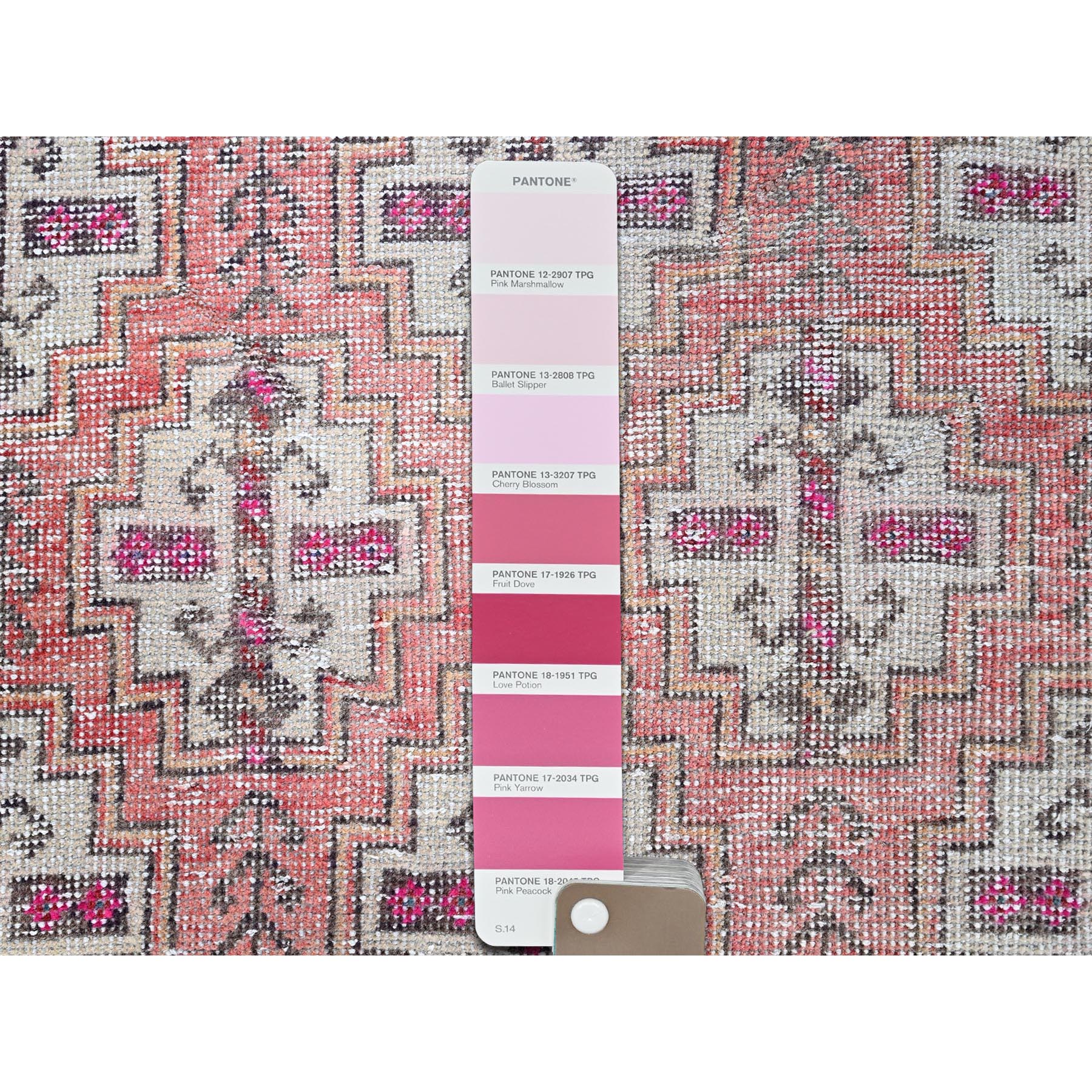 3'2"x10'9" Fruit Dove Pink, Sheared Low, Hand Knotted Semi Antique Persian Baluch Village Design, Abrash, Evenly Worn, Distressed and Professionally Cleaned, Sides and Ends Secured, Soft Wool Cropped Thin, Wide and Long Runner Oriental Rug Sh86007
