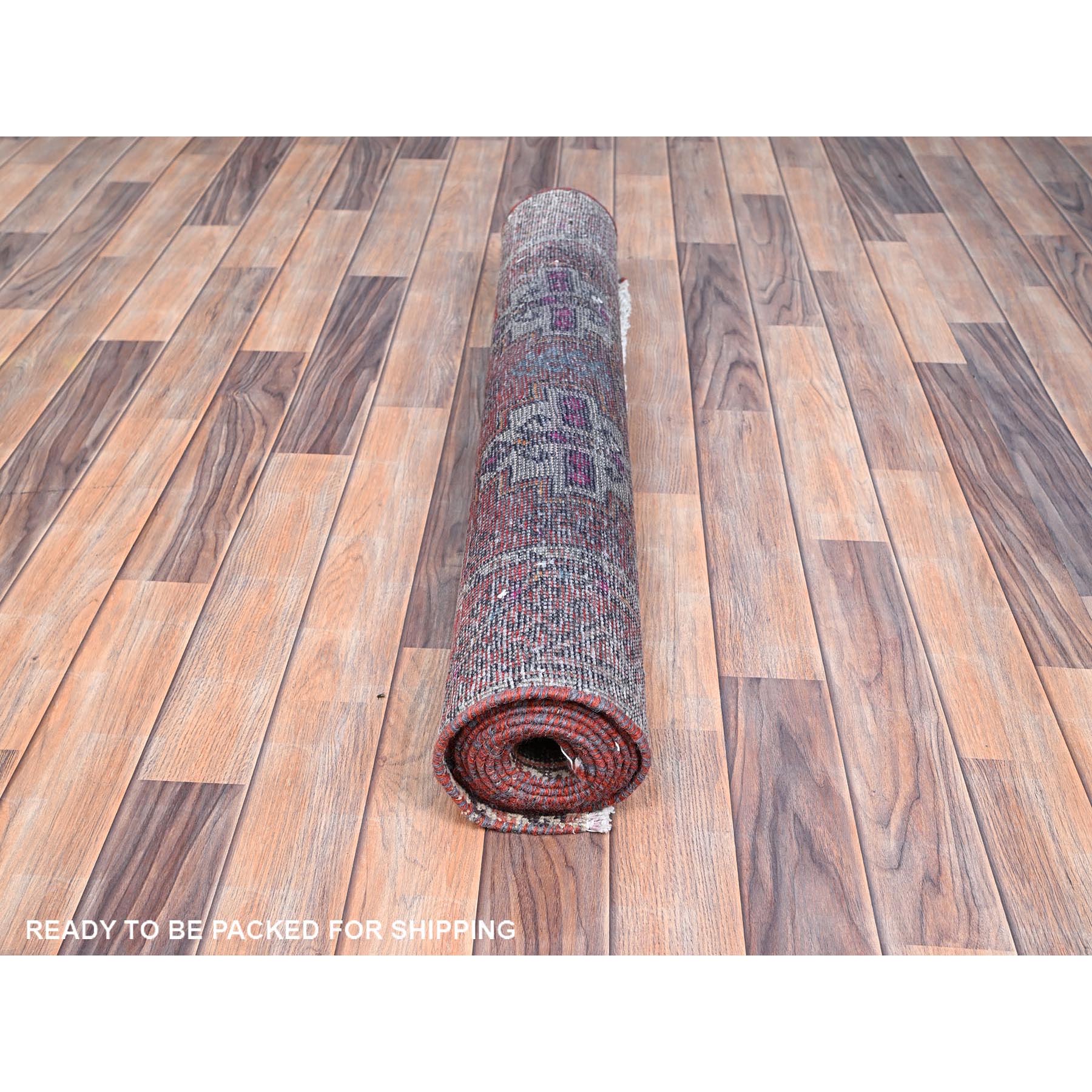 3'2"x10'9" Fruit Dove Pink, Sheared Low, Hand Knotted Semi Antique Persian Baluch Village Design, Abrash, Evenly Worn, Distressed and Professionally Cleaned, Sides and Ends Secured, Soft Wool Cropped Thin, Wide and Long Runner Oriental Rug Sh86007