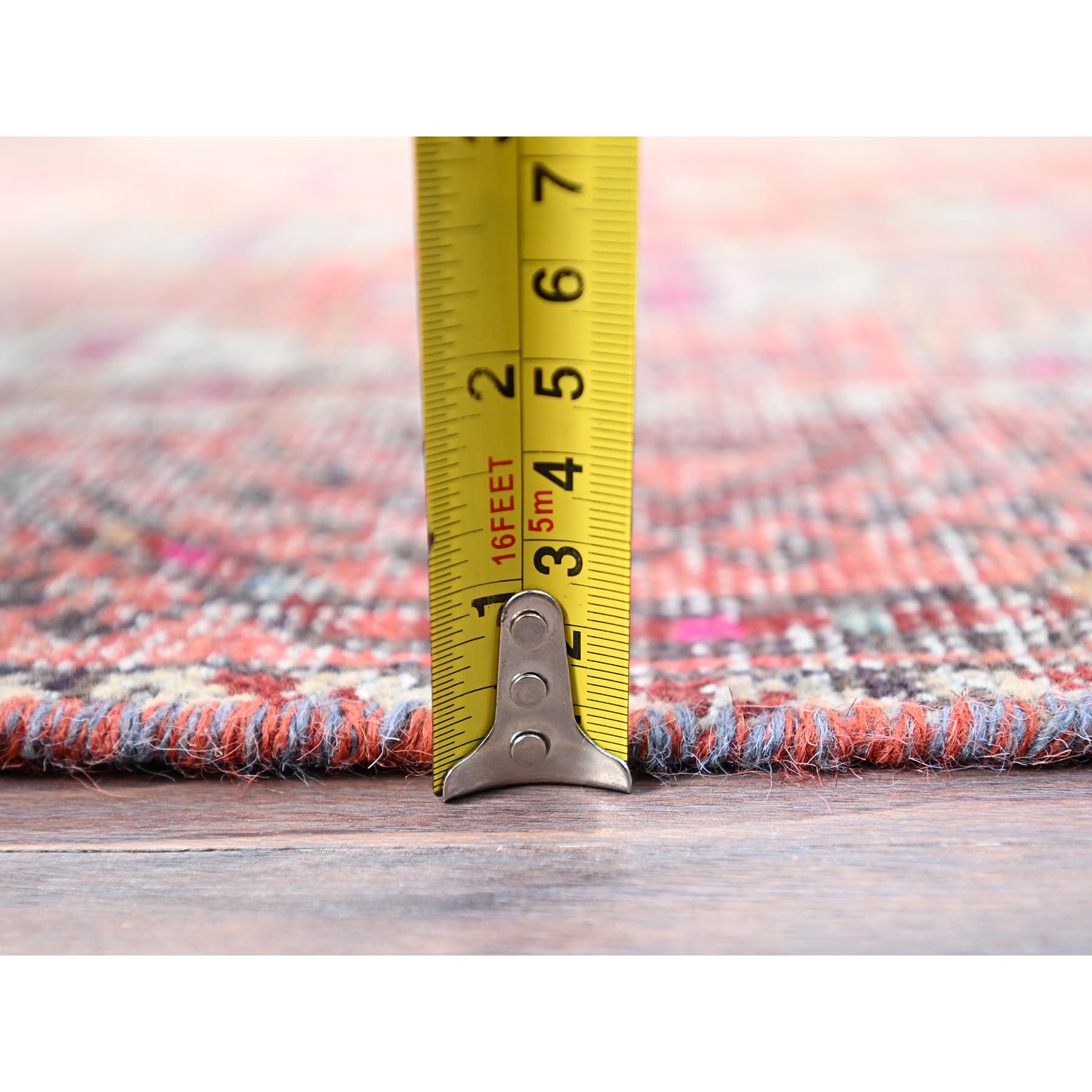 3'2"x10'9" Fruit Dove Pink, Sheared Low, Hand Knotted Semi Antique Persian Baluch Village Design, Abrash, Evenly Worn, Distressed and Professionally Cleaned, Sides and Ends Secured, Soft Wool Cropped Thin, Wide and Long Runner Oriental Rug Sh86007