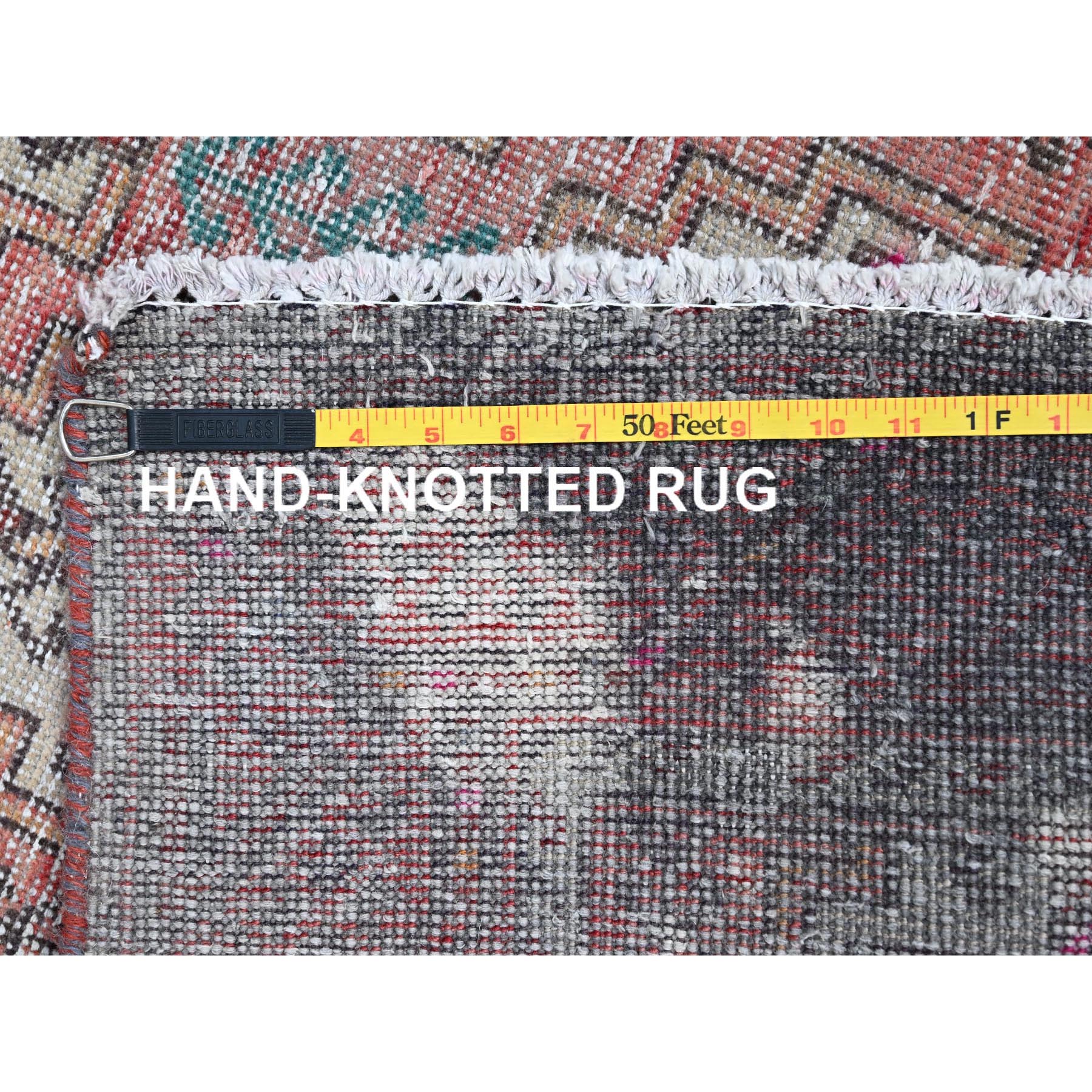 3'2"x10'9" Fruit Dove Pink, Sheared Low, Hand Knotted Semi Antique Persian Baluch Village Design, Abrash, Evenly Worn, Distressed and Professionally Cleaned, Sides and Ends Secured, Soft Wool Cropped Thin, Wide and Long Runner Oriental Rug Sh86007