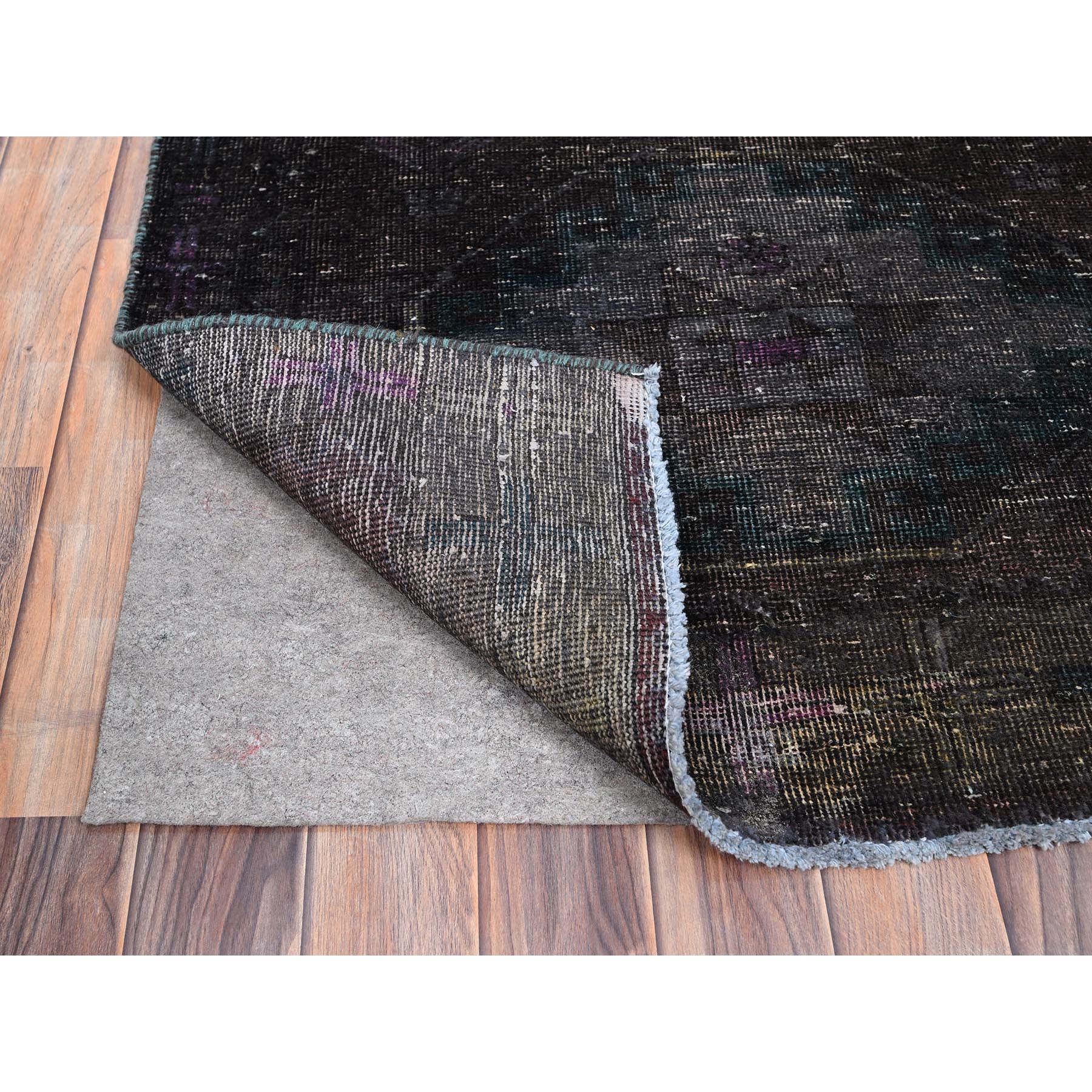 3'2"x12' Charcoal Black, Hand Knotted, Overdyed, Vintage Persian Geometric Hamadan, Good Condition Borderless, Evenly Worn, Cropped Thin and Sheared Low, Sides and Ends Secured, Professionally Cleaned, Oriental Wide and Long Runner Rug Sh86016