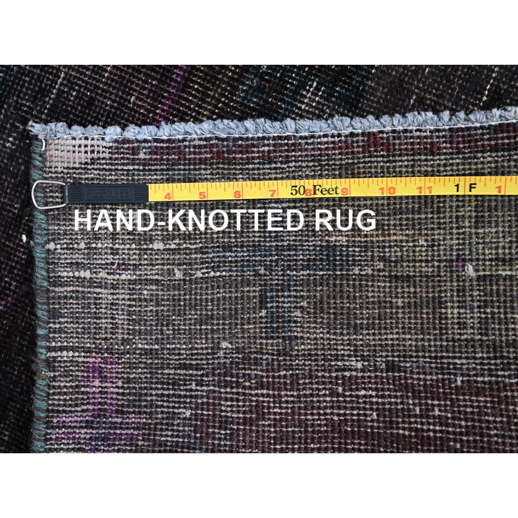 3'2"x12' Charcoal Black, Hand Knotted, Overdyed, Vintage Persian Geometric Hamadan, Good Condition Borderless, Evenly Worn, Cropped Thin and Sheared Low, Sides and Ends Secured, Professionally Cleaned, Oriental Wide and Long Runner Rug Sh86016