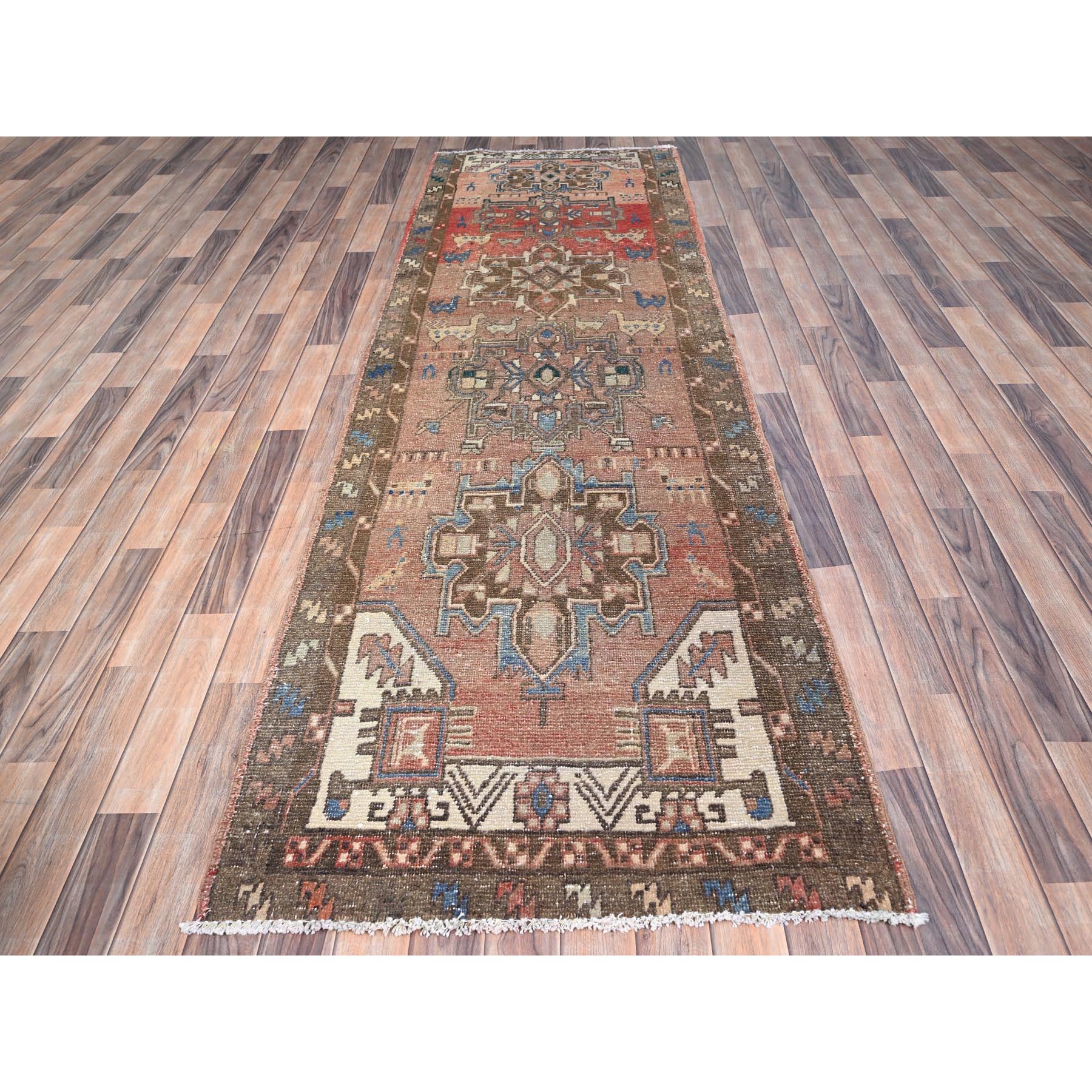 3'2"x9'9" Biscotti Brown, Semi Antique Northwest Persian With Small Animal Figurines and Distinct Abrash, Distressed Look and Evenly Worn, Sides and Ends Secured, Professionally Cleaned, Sheared Low, Hand Knotted Oriental Soft Wool Wide Runner Rug Sh86023
