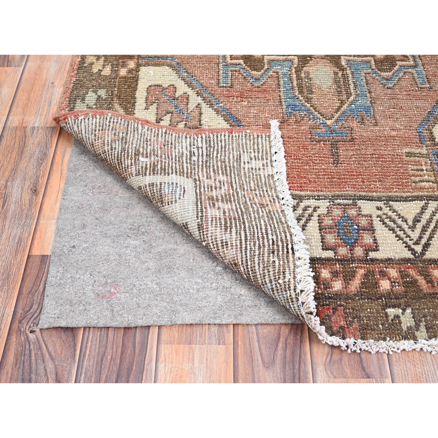3'2"x9'9" Biscotti Brown, Semi Antique Northwest Persian With Small Animal Figurines and Distinct Abrash, Distressed Look and Evenly Worn, Sides and Ends Secured, Professionally Cleaned, Sheared Low, Hand Knotted Oriental Soft Wool Wide Runner Rug Sh86023