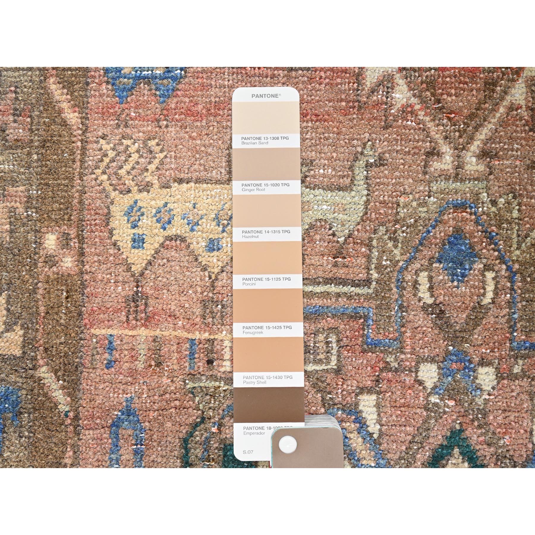 3'2"x9'9" Biscotti Brown, Semi Antique Northwest Persian With Small Animal Figurines and Distinct Abrash, Distressed Look and Evenly Worn, Sides and Ends Secured, Professionally Cleaned, Sheared Low, Hand Knotted Oriental Soft Wool Wide Runner Rug Sh86023
