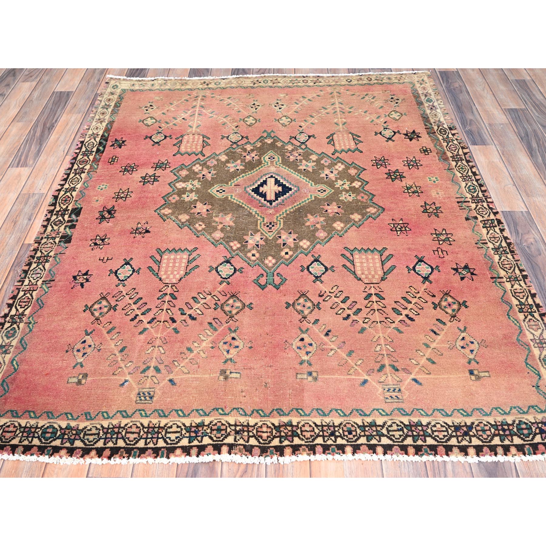 4'10"x5'10" Crepe Pink and Bisque Beige, Old Persian Hamadan, Excellent Condition and Sheared Low, Evenly Worn 100% Wool, Hand Knotted Distressed Look Sides and Ends Professionally Secured, Cleaned, Oriental Rug Sh86052