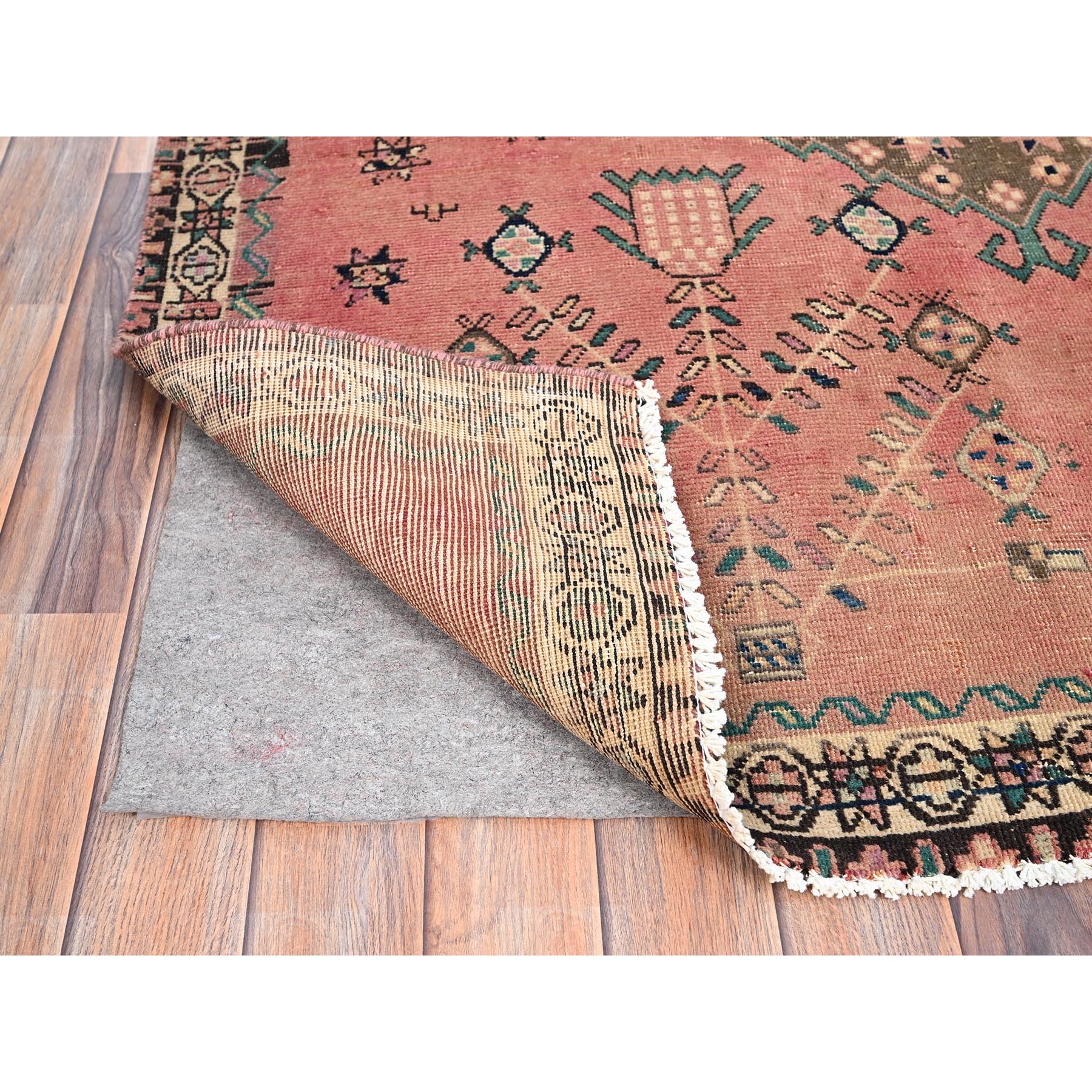 4'10"x5'10" Crepe Pink and Bisque Beige, Old Persian Hamadan, Excellent Condition and Sheared Low, Evenly Worn 100% Wool, Hand Knotted Distressed Look Sides and Ends Professionally Secured, Cleaned, Oriental Rug Sh86052