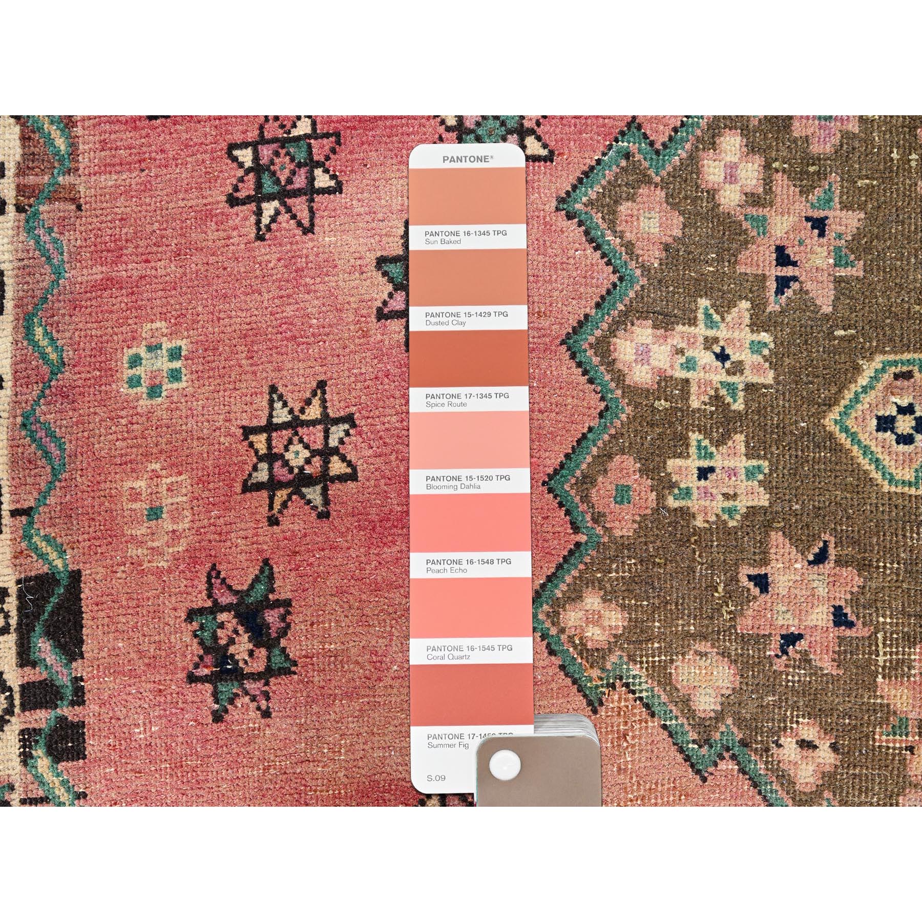 4'10"x5'10" Crepe Pink and Bisque Beige, Old Persian Hamadan, Excellent Condition and Sheared Low, Evenly Worn 100% Wool, Hand Knotted Distressed Look Sides and Ends Professionally Secured, Cleaned, Oriental Rug Sh86052