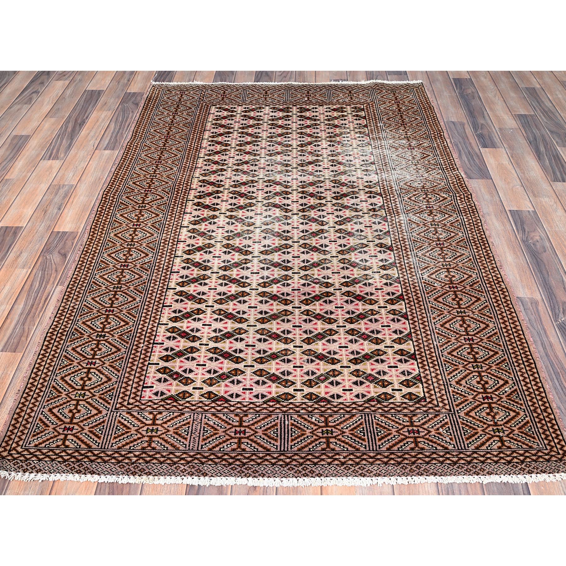 4'4"x6'1" Spanish Villa Pink, Sheared Low and Distressed With Small Repetitive Design, Pure Wool Hand Knotted Worn Vintage Persian Tourkaman, Great Condition, Cleaned, Oriental Rug Sh86057