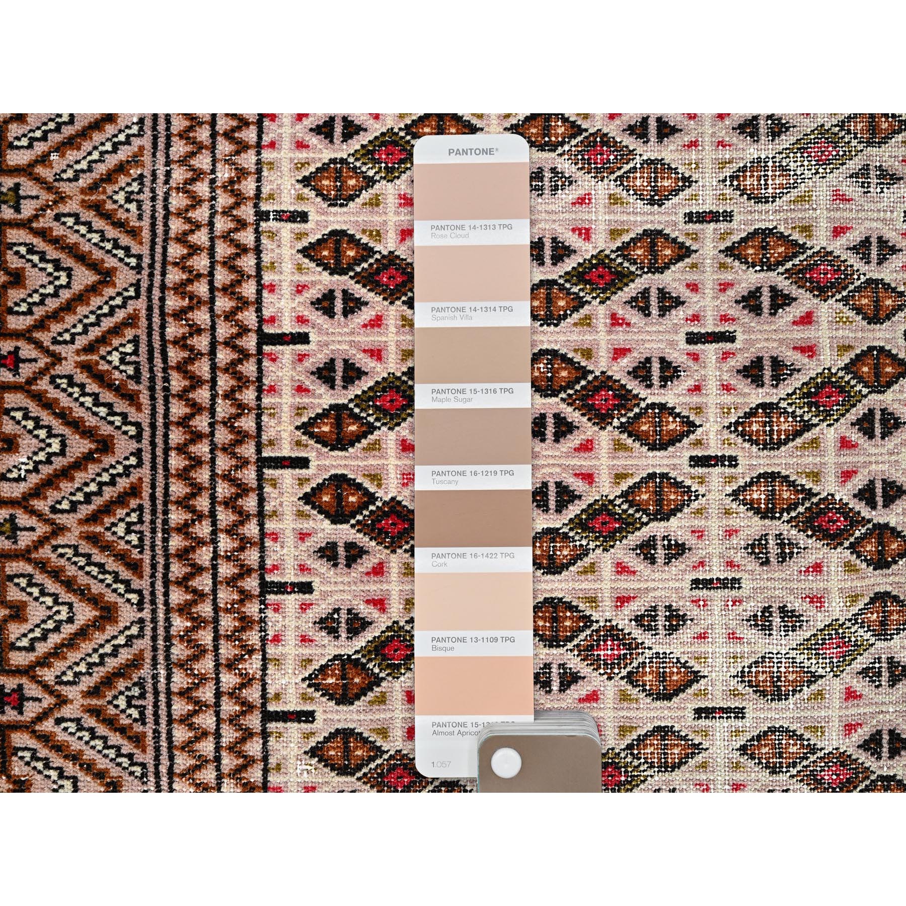 4'4"x6'1" Spanish Villa Pink, Sheared Low and Distressed With Small Repetitive Design, Pure Wool Hand Knotted Worn Vintage Persian Tourkaman, Great Condition, Cleaned, Oriental Rug Sh86057