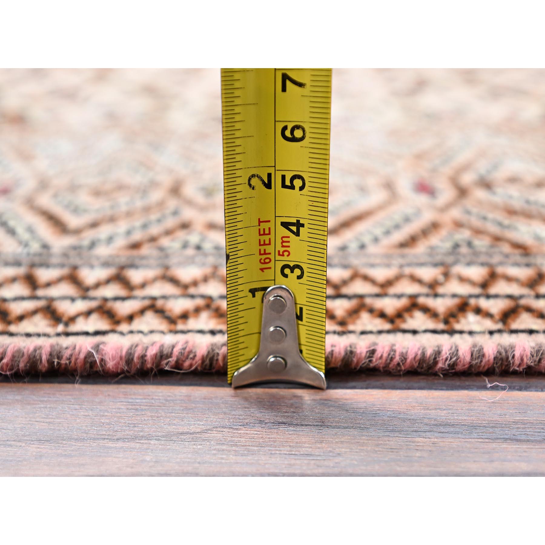 4'4"x6'1" Spanish Villa Pink, Sheared Low and Distressed With Small Repetitive Design, Pure Wool Hand Knotted Worn Vintage Persian Tourkaman, Great Condition, Cleaned, Oriental Rug Sh86057