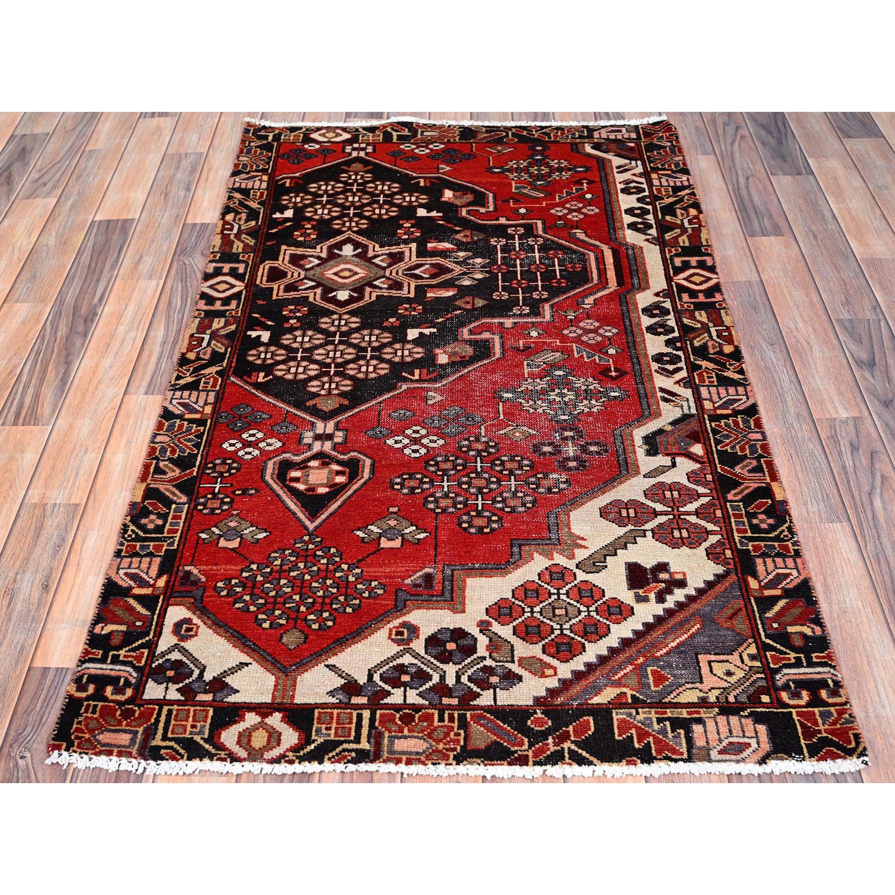 3'2"x4'10" Ferrari Red, Vintage Persian Bakhtiari Fragment, Sides and Ends Secured, Professionally Cleaned, Evenly Worn Natural Wool, Distressed Look, Sheared Low and Cropped Thin, Oriental Excellent Condition Rug Sh86080