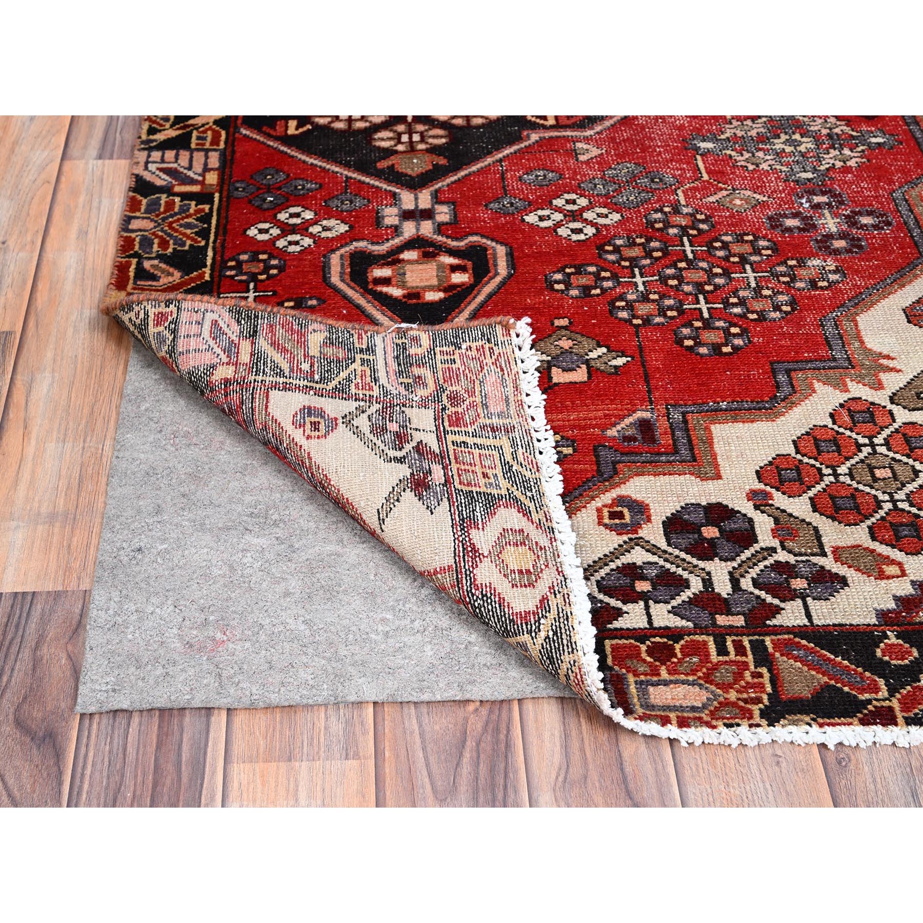 3'2"x4'10" Ferrari Red, Vintage Persian Bakhtiari Fragment, Sides and Ends Secured, Professionally Cleaned, Evenly Worn Natural Wool, Distressed Look, Sheared Low and Cropped Thin, Oriental Excellent Condition Rug Sh86080