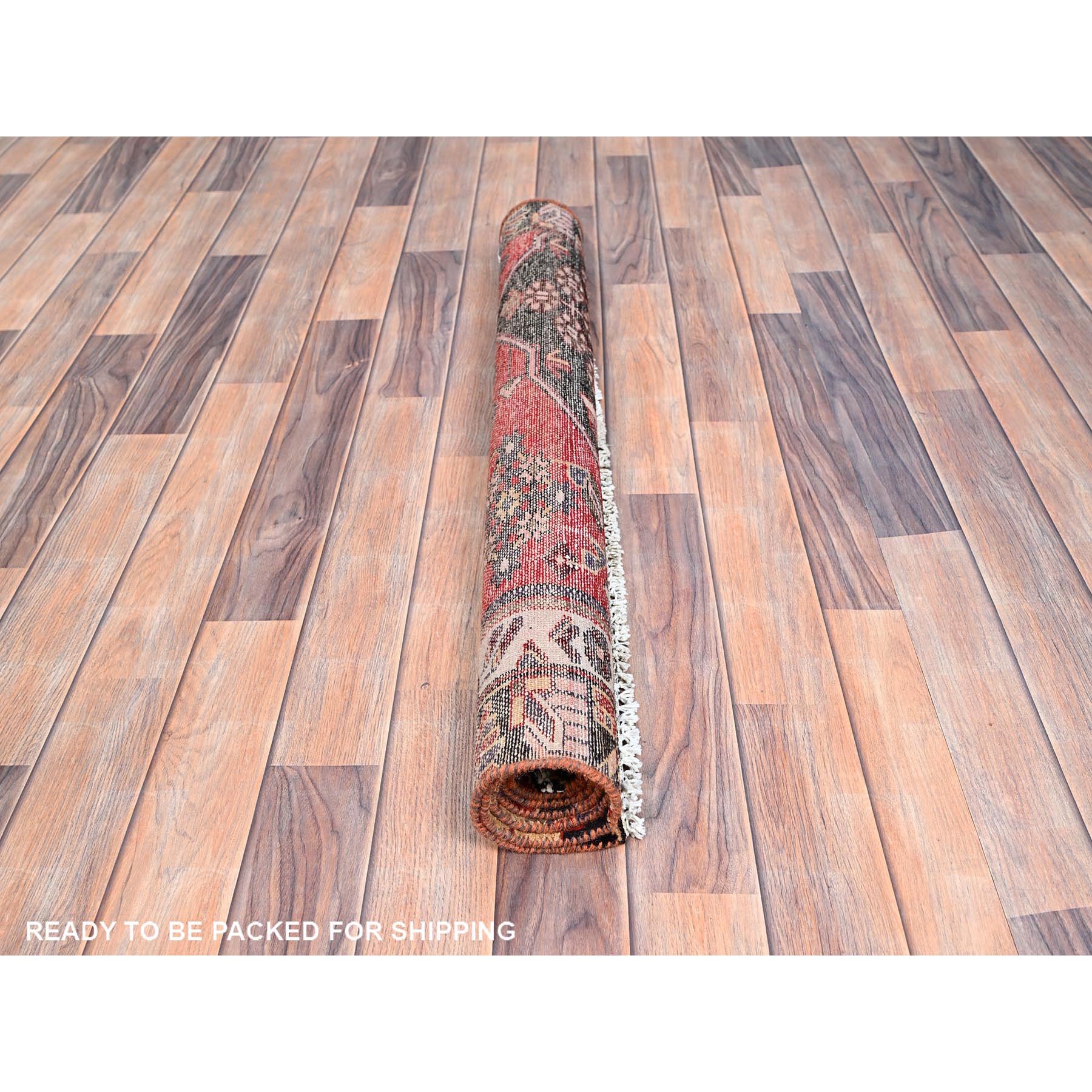 3'2"x4'10" Ferrari Red, Vintage Persian Bakhtiari Fragment, Sides and Ends Secured, Professionally Cleaned, Evenly Worn Natural Wool, Distressed Look, Sheared Low and Cropped Thin, Oriental Excellent Condition Rug Sh86080
