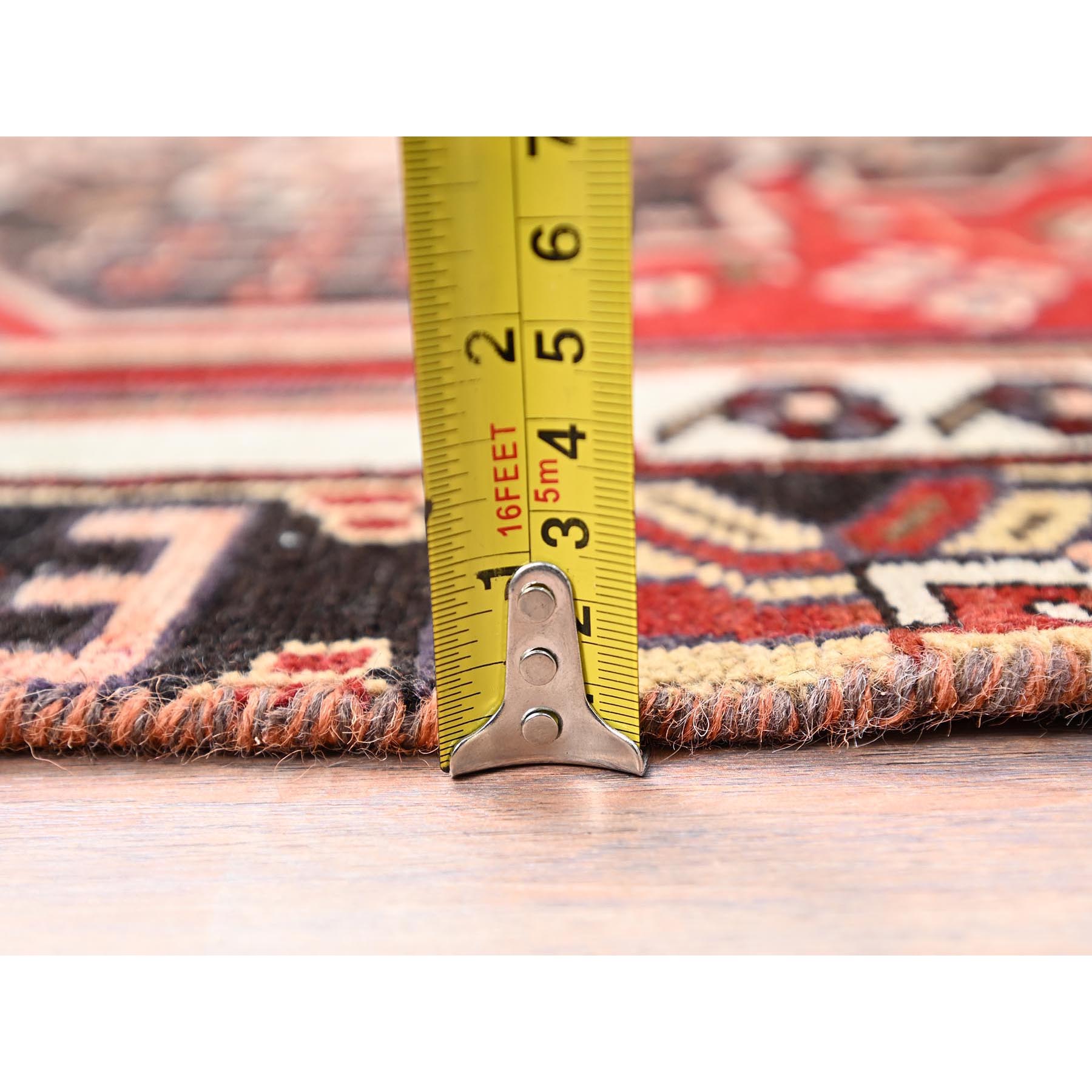 3'2"x4'10" Ferrari Red, Vintage Persian Bakhtiari Fragment, Sides and Ends Secured, Professionally Cleaned, Evenly Worn Natural Wool, Distressed Look, Sheared Low and Cropped Thin, Oriental Excellent Condition Rug Sh86080