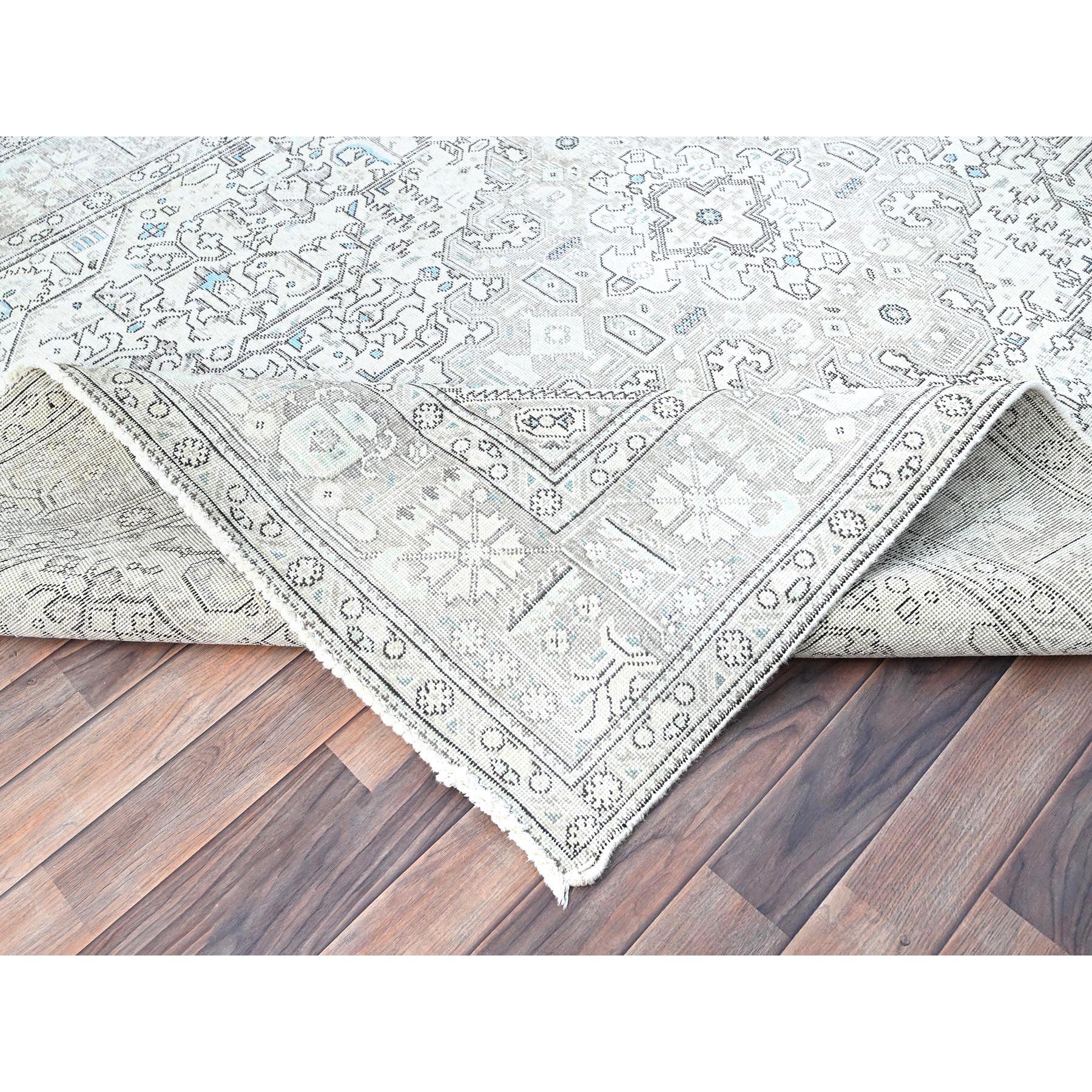 6'5"x9'1" Chantilly Lace White, Good Condition, Cropped Thin, Sheared Low, Vintage Persian Tabriz Geometric Medallion, Even Wear, Sides and Ends Professionally Secured and Cleaned, Distressed Extra Soft Wool Oriental Rug Sh86095