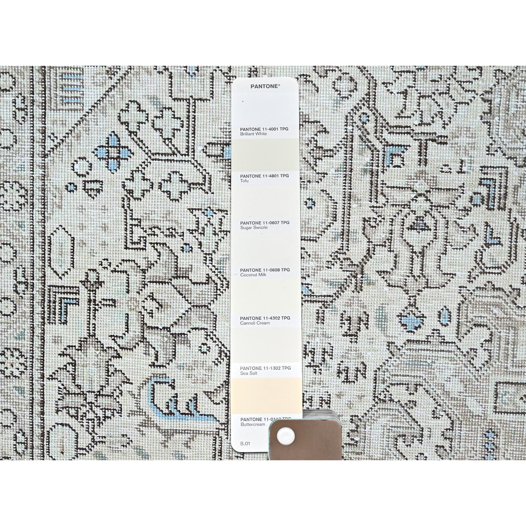 6'5"x9'1" Chantilly Lace White, Good Condition, Cropped Thin, Sheared Low, Vintage Persian Tabriz Geometric Medallion, Even Wear, Sides and Ends Professionally Secured and Cleaned, Distressed Extra Soft Wool Oriental Rug Sh86095