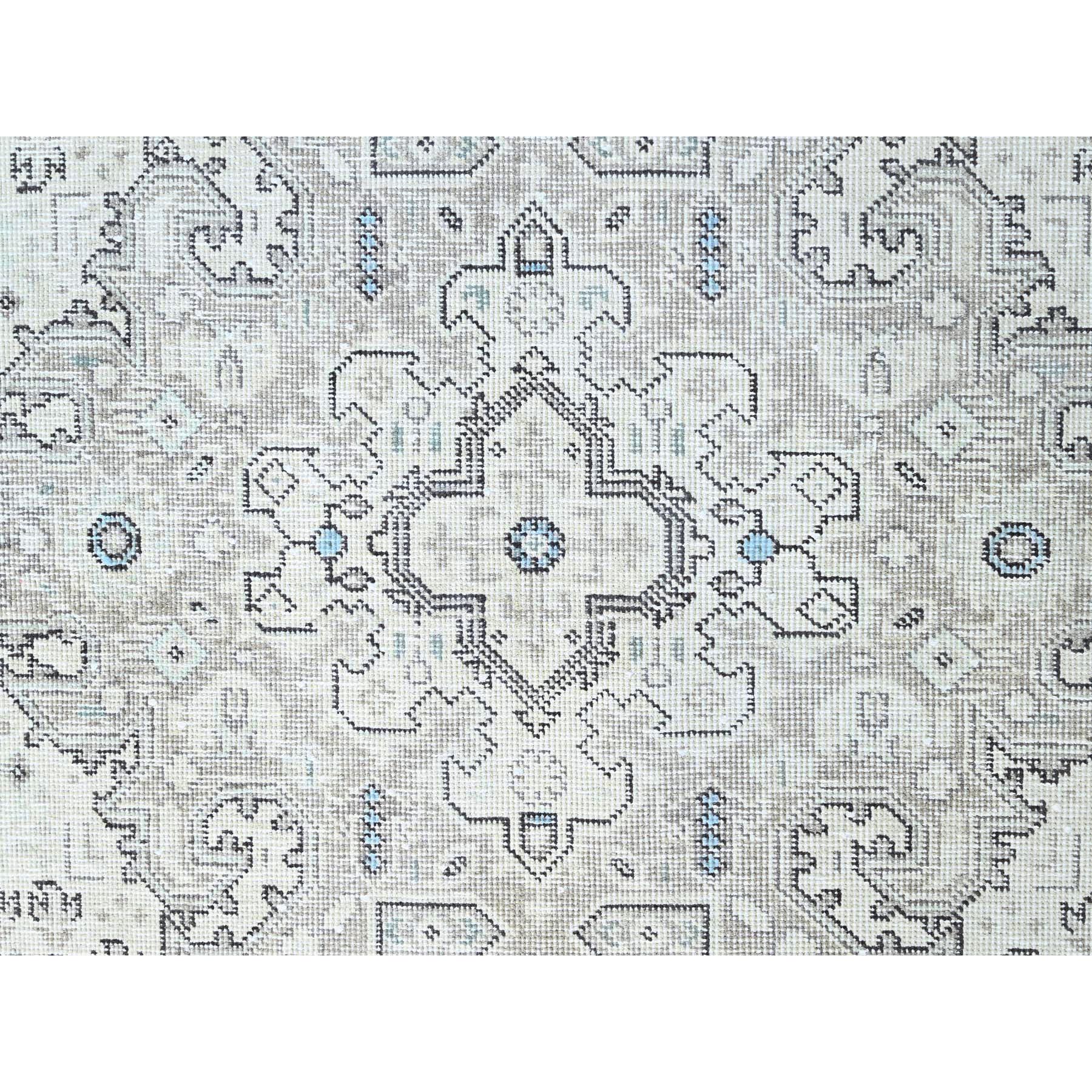 6'5"x9'1" Chantilly Lace White, Good Condition, Cropped Thin, Sheared Low, Vintage Persian Tabriz Geometric Medallion, Even Wear, Sides and Ends Professionally Secured and Cleaned, Distressed Extra Soft Wool Oriental Rug Sh86095