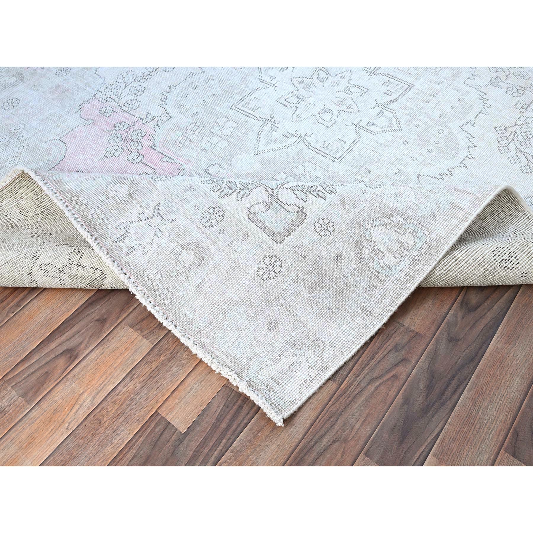 6'2"x8'8" Origami White, White Wash Vintage Persian Tabriz With Pink Highlights, Seared Low, Cropped Thin, Good Condition, Sides and Ends Professionally Secured, Cleaned, Hand Knotted Evenly Worn 100% Wool, Oriental Rug Sh86097