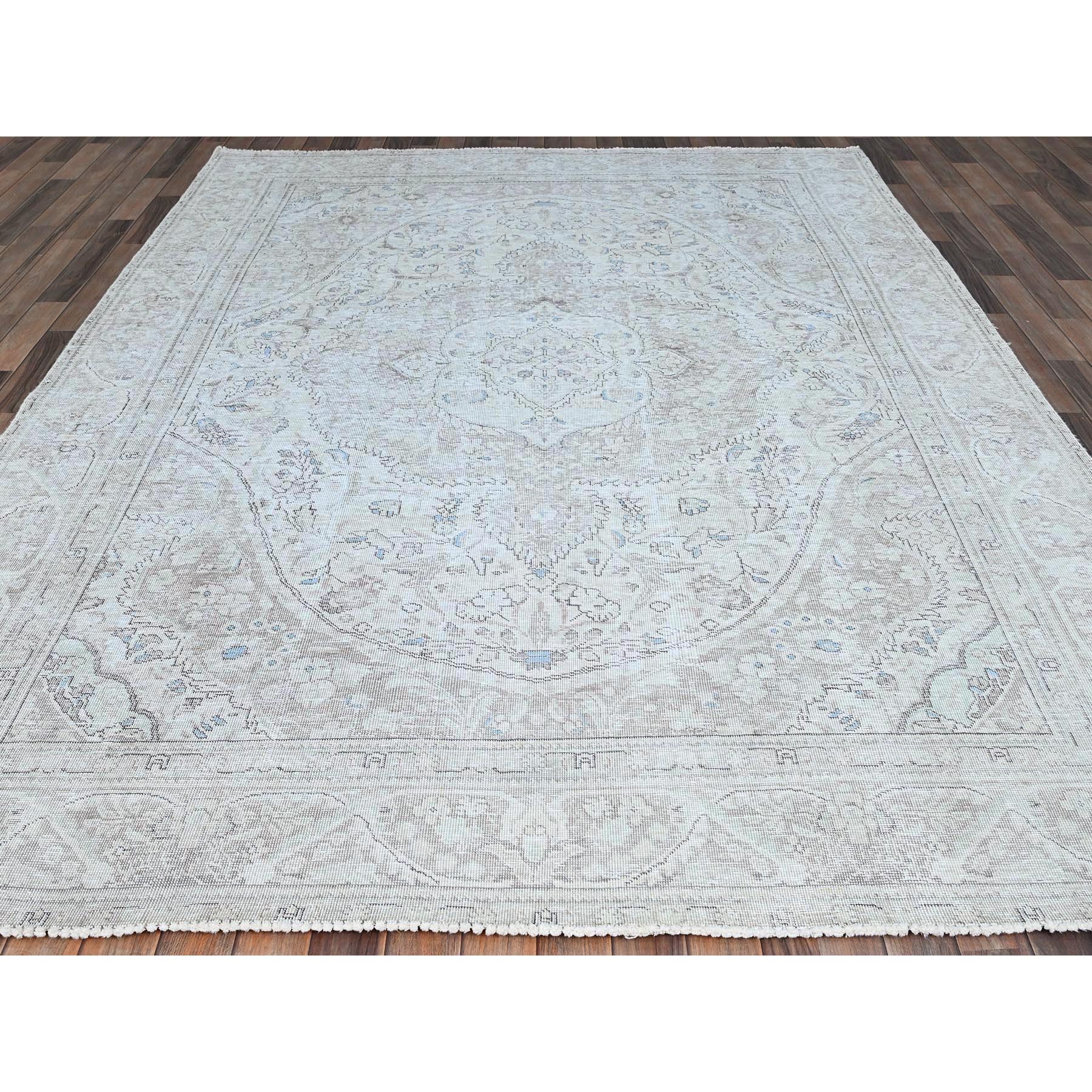 7'8"x10'4" Silos White, Evenly Worn Natural Wool, Semi Antique Persian White Wash Tabriz With Touches Of Blue, Sides and Ends Professionally Secured and Cleaned, Sheared Low, Oriental Excellent Condition Rug Sh86105