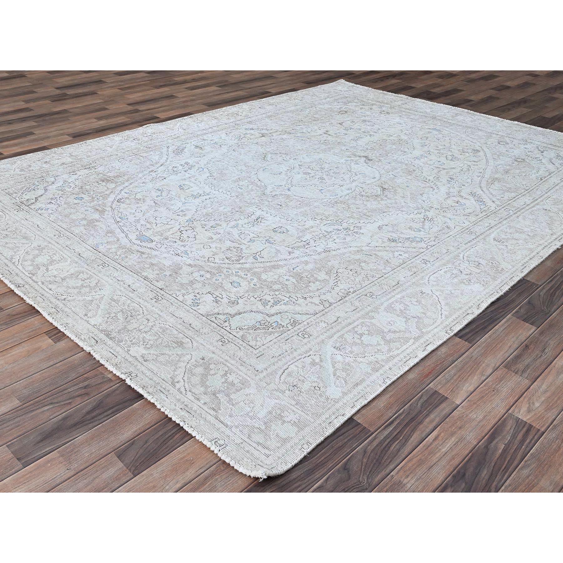 7'8"x10'4" Silos White, Evenly Worn Natural Wool, Semi Antique Persian White Wash Tabriz With Touches Of Blue, Sides and Ends Professionally Secured and Cleaned, Sheared Low, Oriental Excellent Condition Rug Sh86105