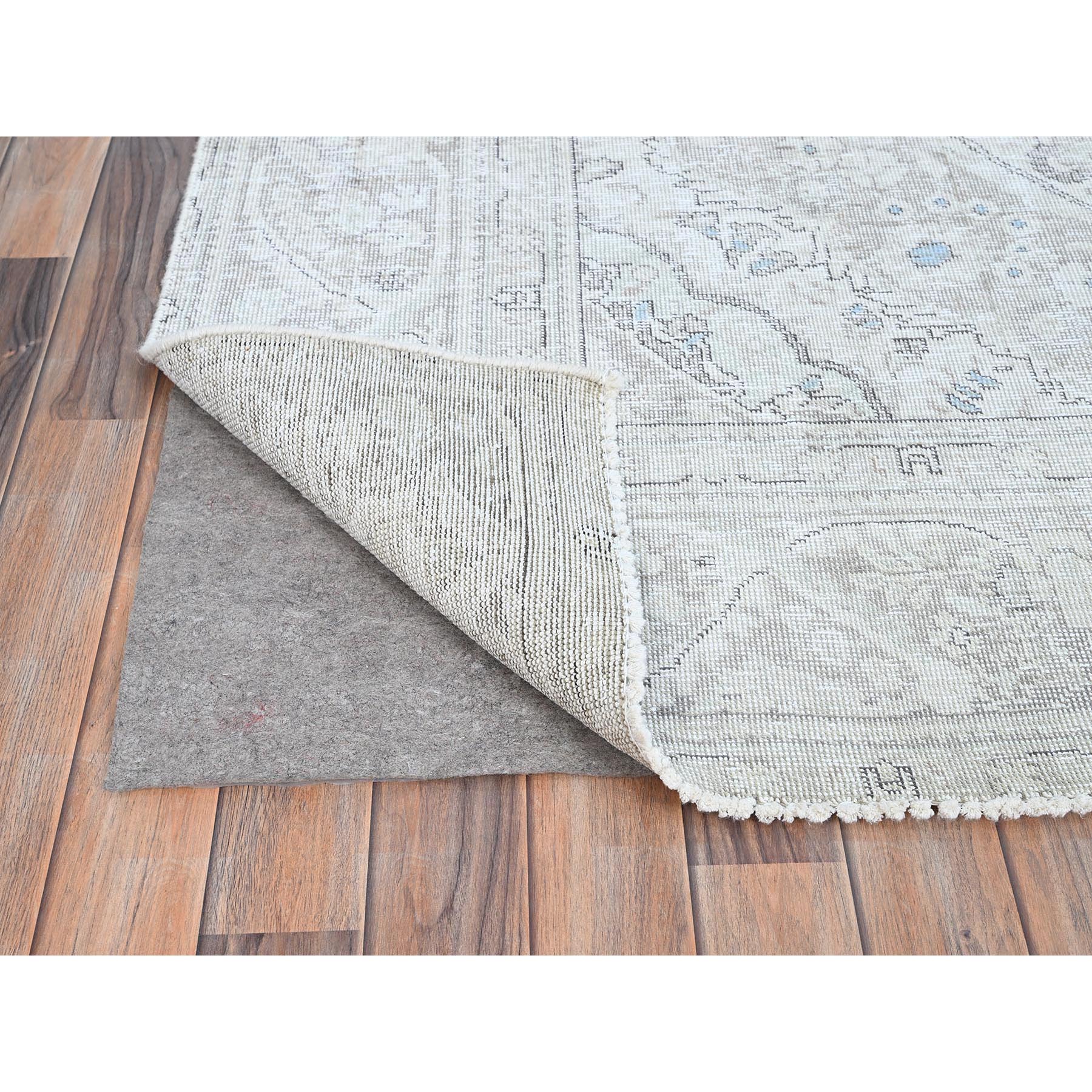 7'8"x10'4" Silos White, Evenly Worn Natural Wool, Semi Antique Persian White Wash Tabriz With Touches Of Blue, Sides and Ends Professionally Secured and Cleaned, Sheared Low, Oriental Excellent Condition Rug Sh86105