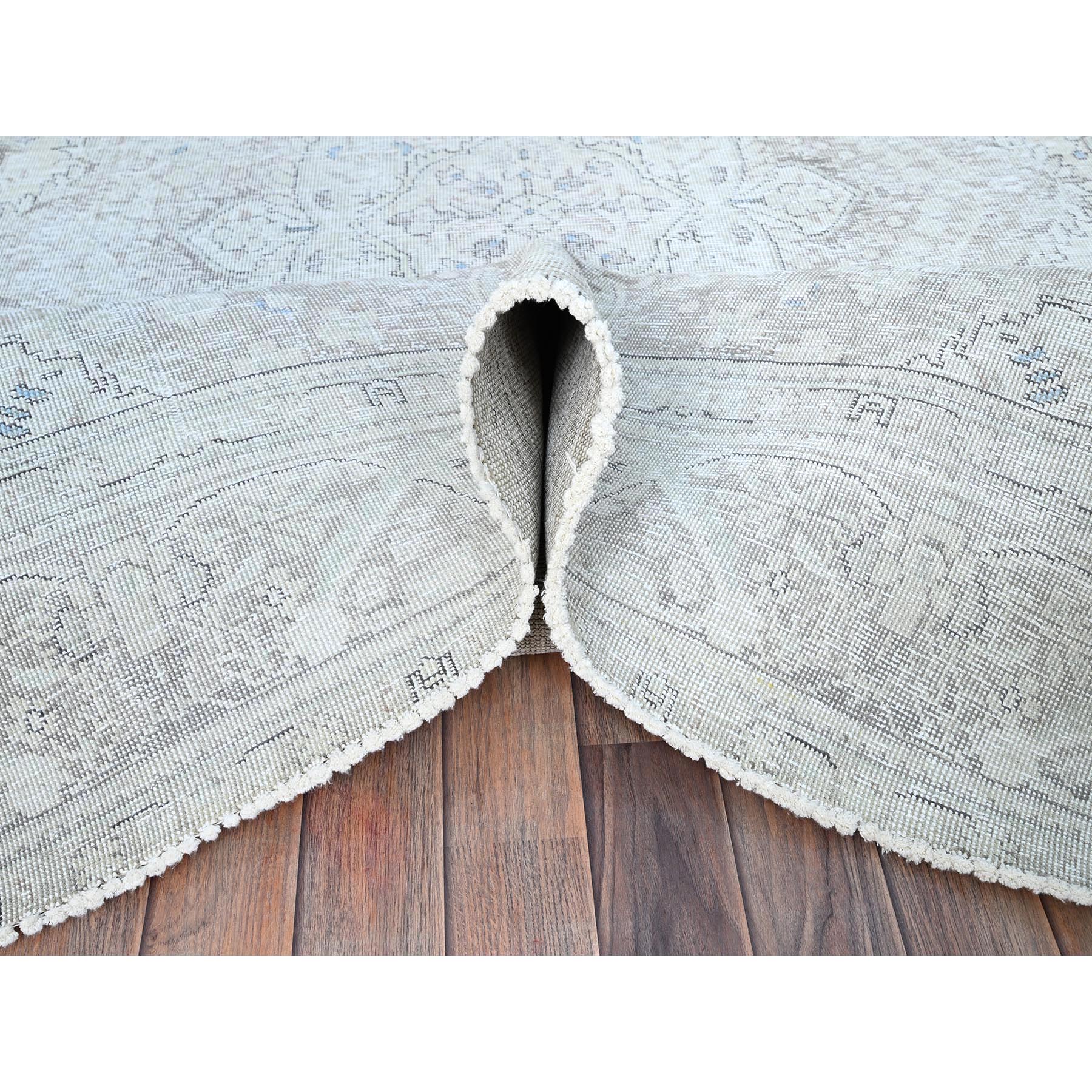 7'8"x10'4" Silos White, Evenly Worn Natural Wool, Semi Antique Persian White Wash Tabriz With Touches Of Blue, Sides and Ends Professionally Secured and Cleaned, Sheared Low, Oriental Excellent Condition Rug Sh86105