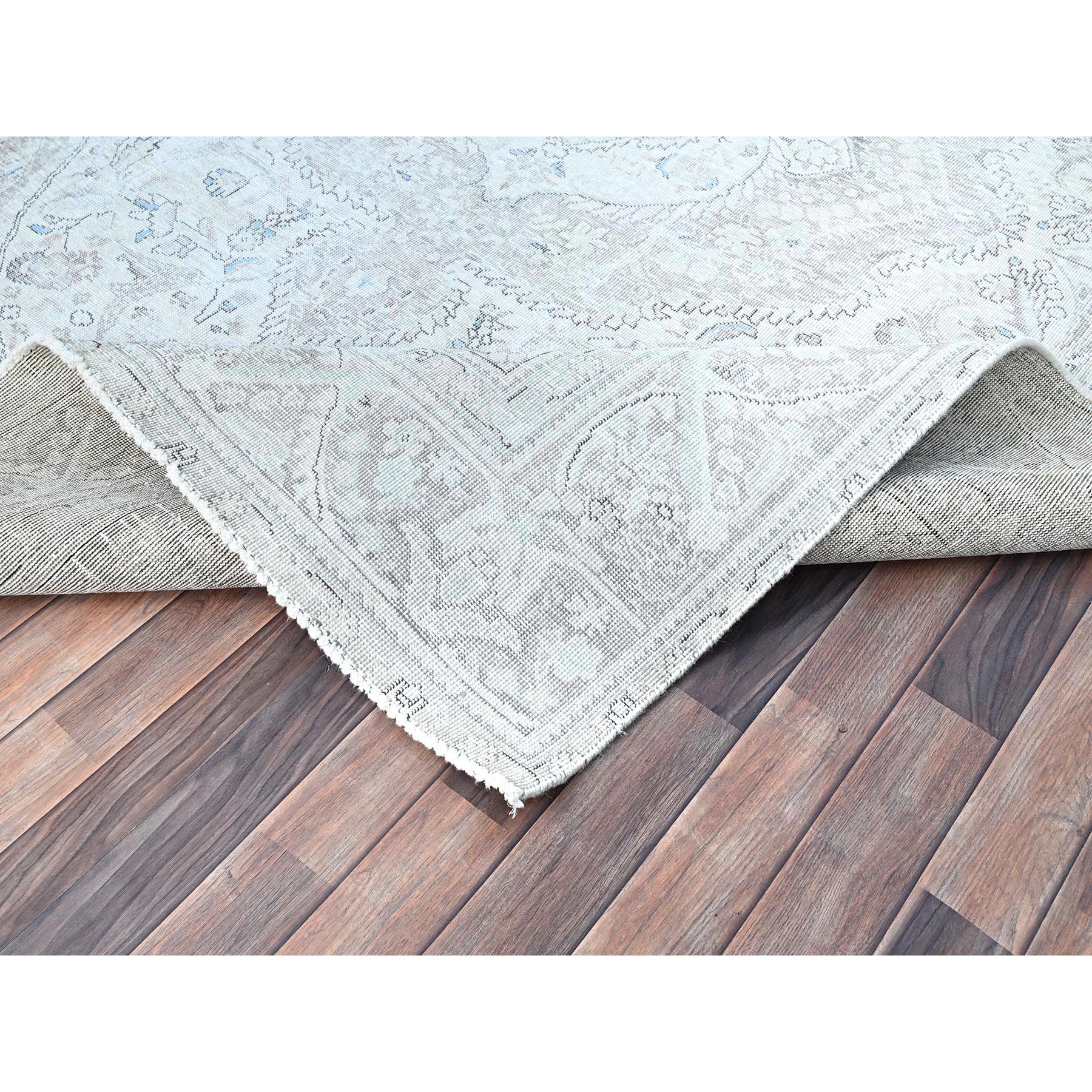 7'8"x10'4" Silos White, Evenly Worn Natural Wool, Semi Antique Persian White Wash Tabriz With Touches Of Blue, Sides and Ends Professionally Secured and Cleaned, Sheared Low, Oriental Excellent Condition Rug Sh86105