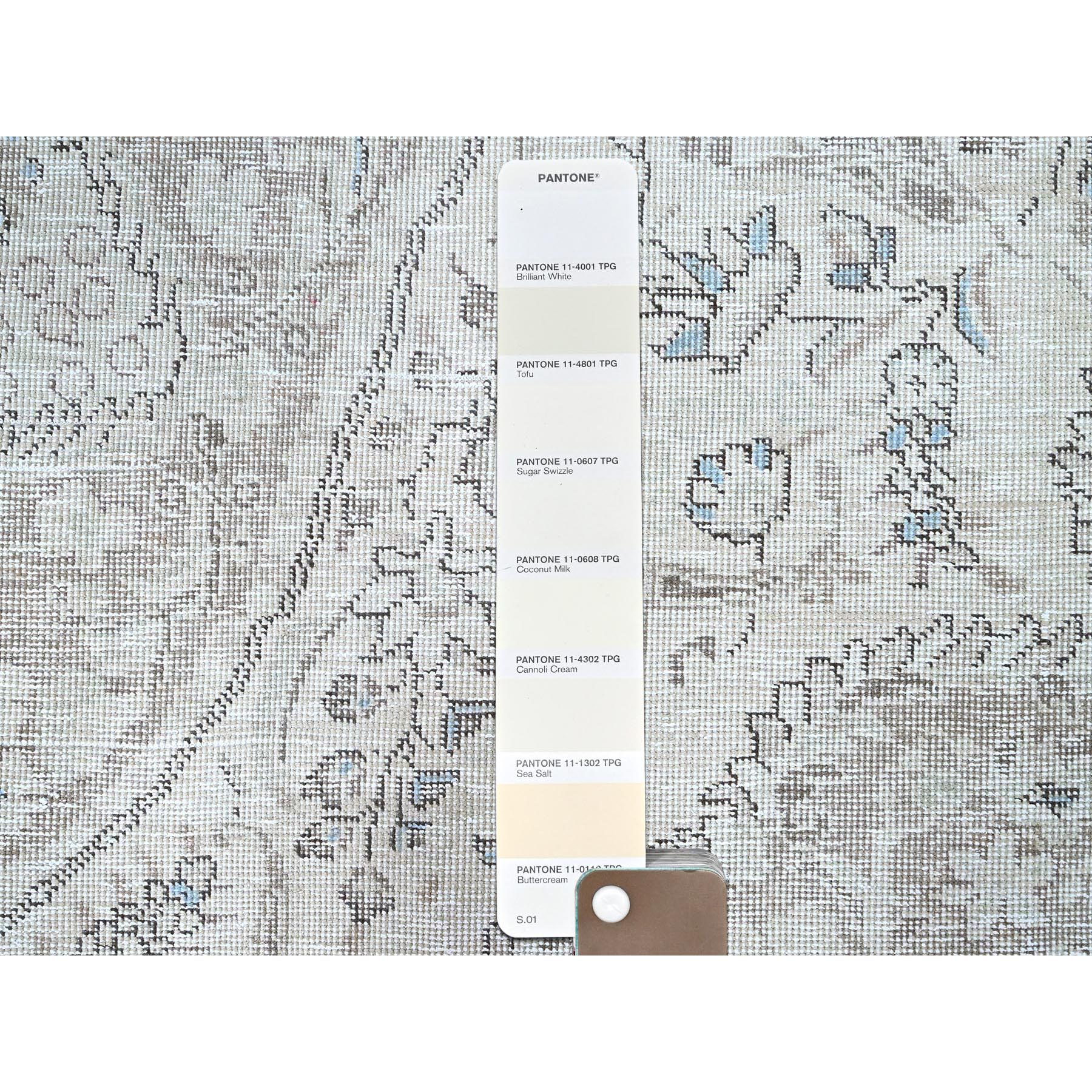 7'8"x10'4" Silos White, Evenly Worn Natural Wool, Semi Antique Persian White Wash Tabriz With Touches Of Blue, Sides and Ends Professionally Secured and Cleaned, Sheared Low, Oriental Excellent Condition Rug Sh86105