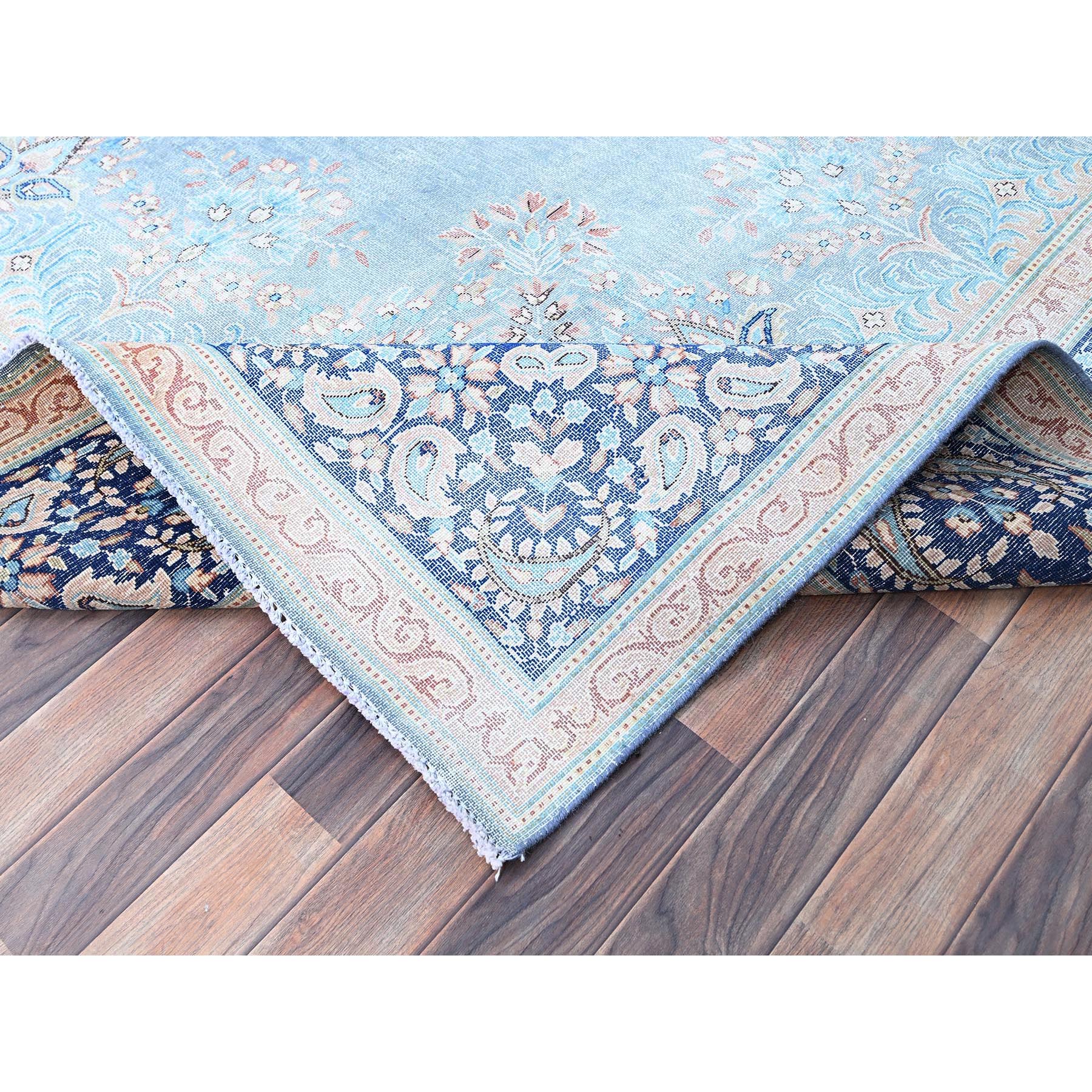 10'x12'9" Winter Sky With Bayern Blue, Hand Knotted Shiny Wool, Sides and Ends Professionally Secured, Cleaned, Semi Antique Persian Kerman, Excellent Condition, Worn Down, Sheared Low, Cropped Thin, Distressed Feel Oriental Rug Sh86111