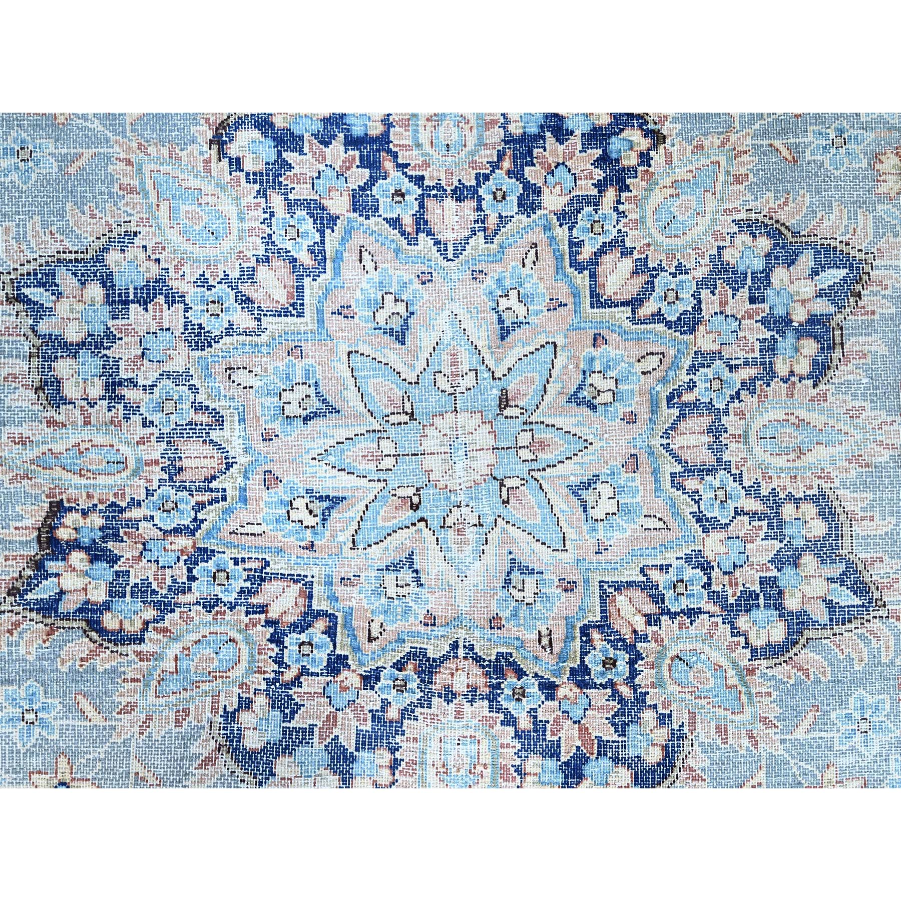 10'x12'9" Winter Sky With Bayern Blue, Hand Knotted Shiny Wool, Sides and Ends Professionally Secured, Cleaned, Semi Antique Persian Kerman, Excellent Condition, Worn Down, Sheared Low, Cropped Thin, Distressed Feel Oriental Rug Sh86111