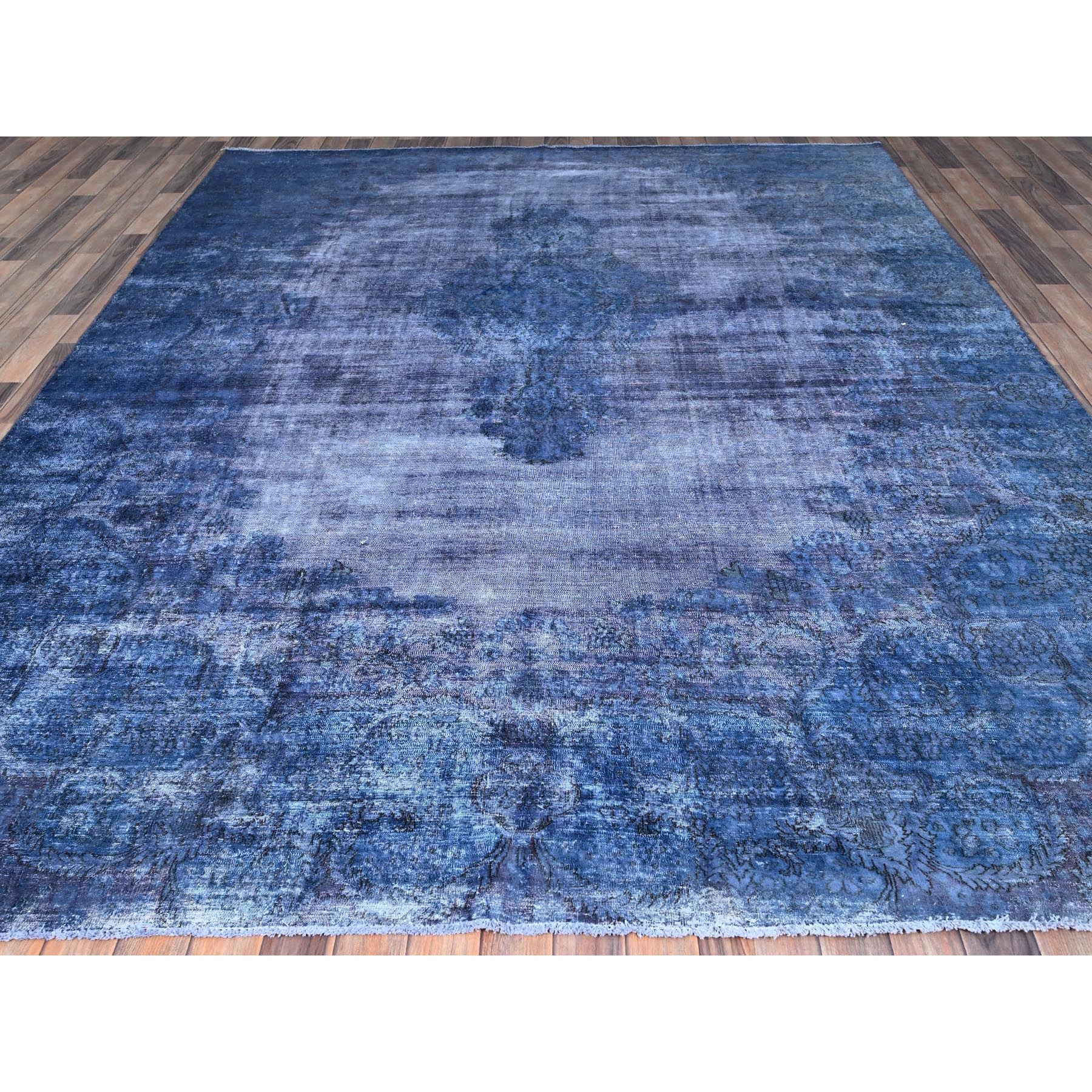 8'3"x10'9" Nightshadow Blue, Overdyed, Vintage Persian Kerman, Extra Soft Wool, Worn and Distressed, Tone on Tone, Shaved Down, Hand Knotted, Cleaned with Sides and Edges Professionally Secured Oriental Rug Sh86112