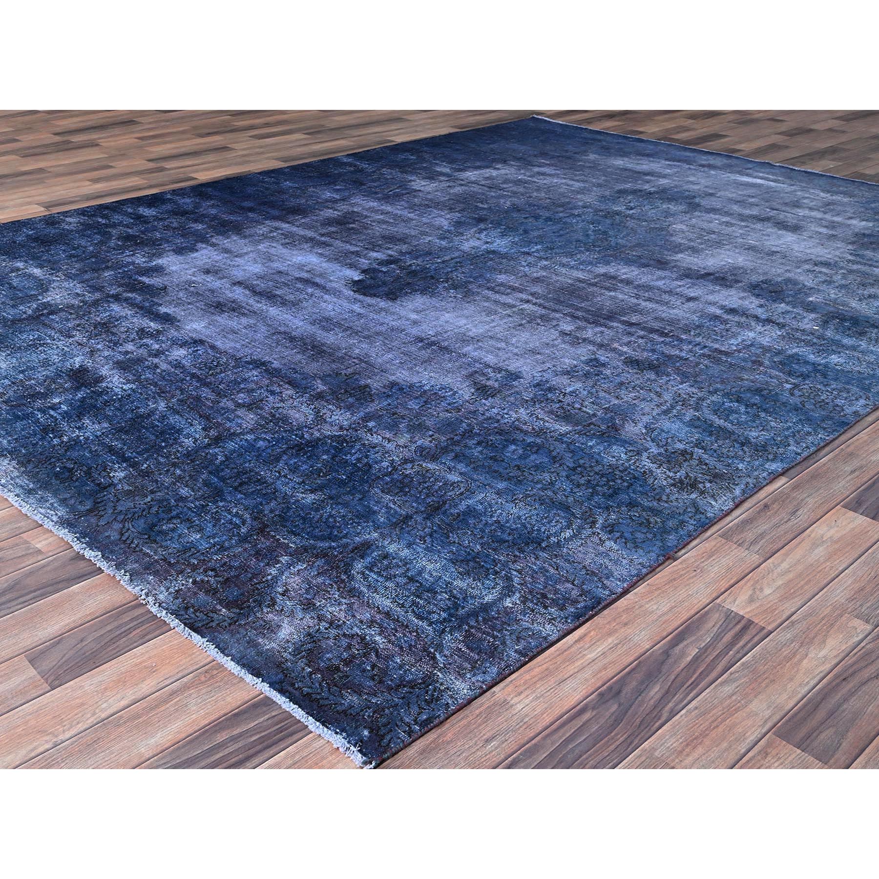 8'3"x10'9" Nightshadow Blue, Overdyed, Vintage Persian Kerman, Extra Soft Wool, Worn and Distressed, Tone on Tone, Shaved Down, Hand Knotted, Cleaned with Sides and Edges Professionally Secured Oriental Rug Sh86112