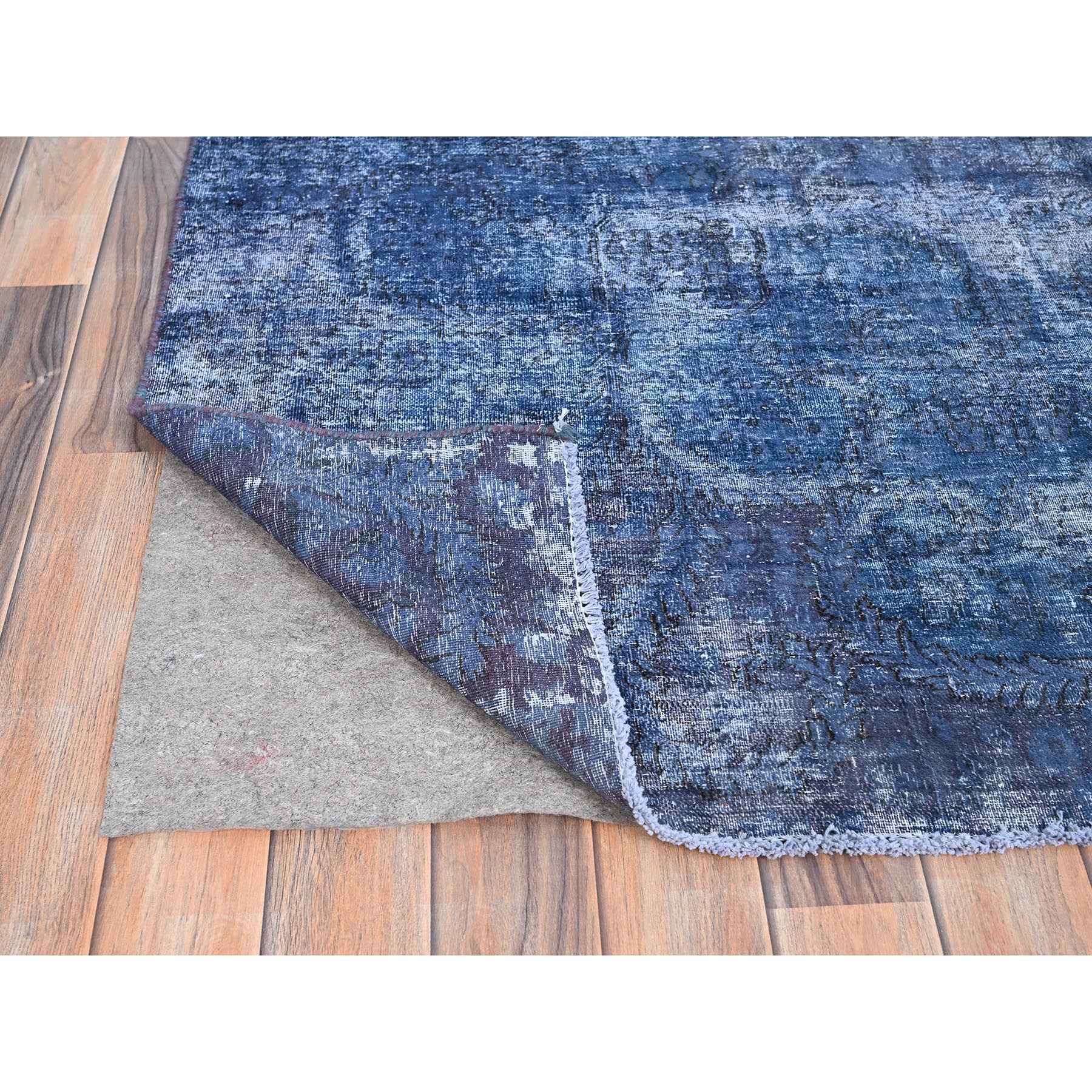 8'3"x10'9" Nightshadow Blue, Overdyed, Vintage Persian Kerman, Extra Soft Wool, Worn and Distressed, Tone on Tone, Shaved Down, Hand Knotted, Cleaned with Sides and Edges Professionally Secured Oriental Rug Sh86112
