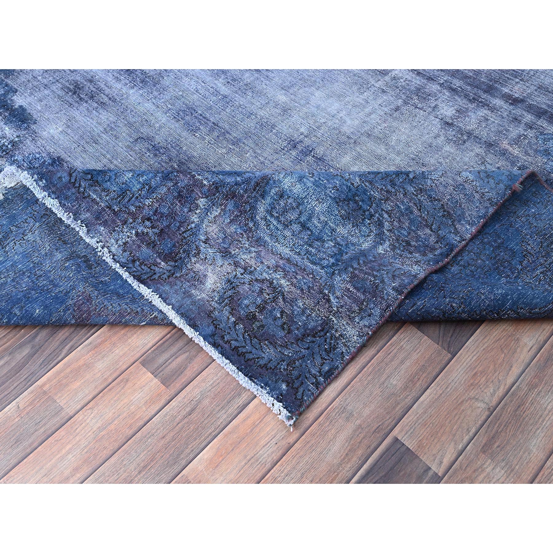 8'3"x10'9" Nightshadow Blue, Overdyed, Vintage Persian Kerman, Extra Soft Wool, Worn and Distressed, Tone on Tone, Shaved Down, Hand Knotted, Cleaned with Sides and Edges Professionally Secured Oriental Rug Sh86112