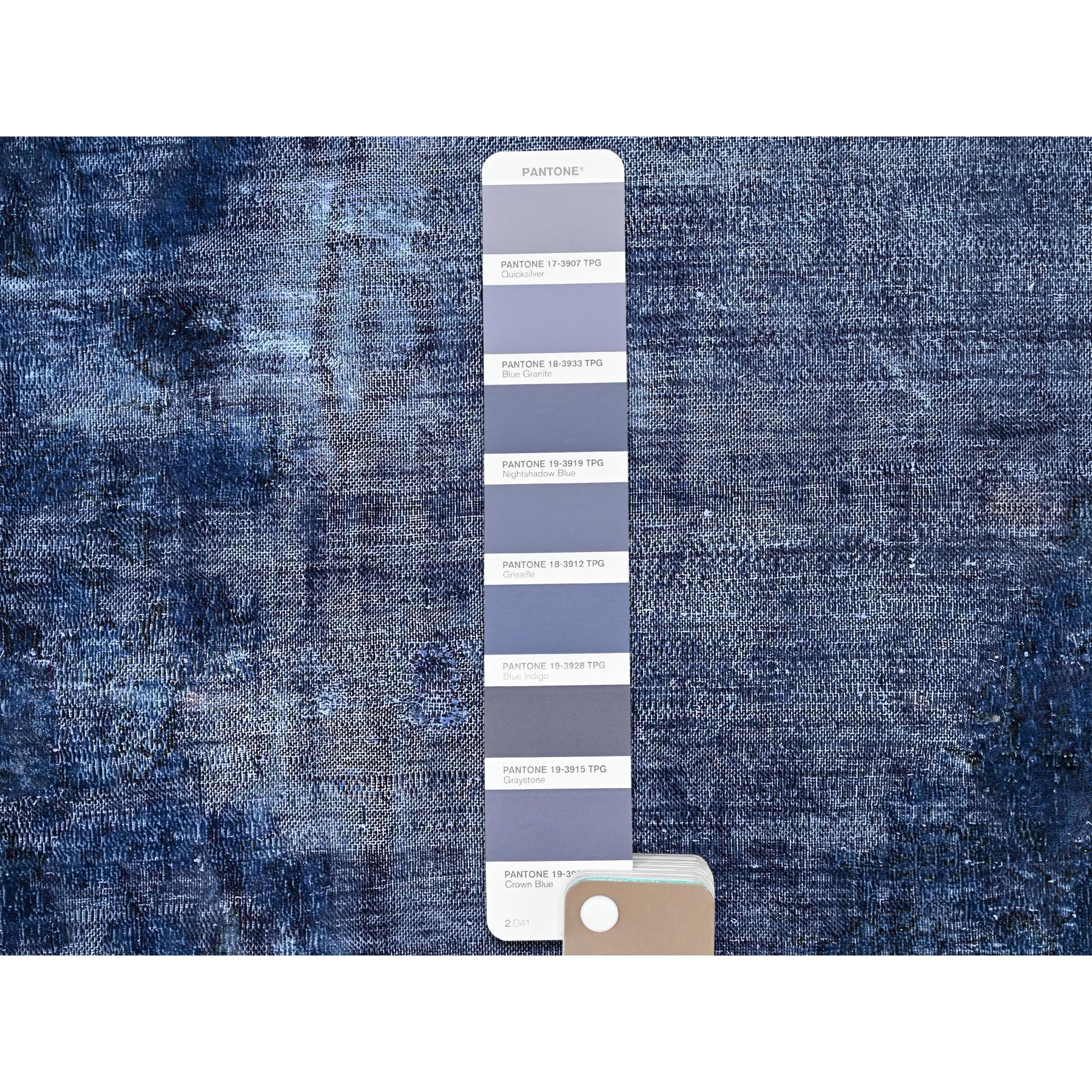 8'3"x10'9" Nightshadow Blue, Overdyed, Vintage Persian Kerman, Extra Soft Wool, Worn and Distressed, Tone on Tone, Shaved Down, Hand Knotted, Cleaned with Sides and Edges Professionally Secured Oriental Rug Sh86112