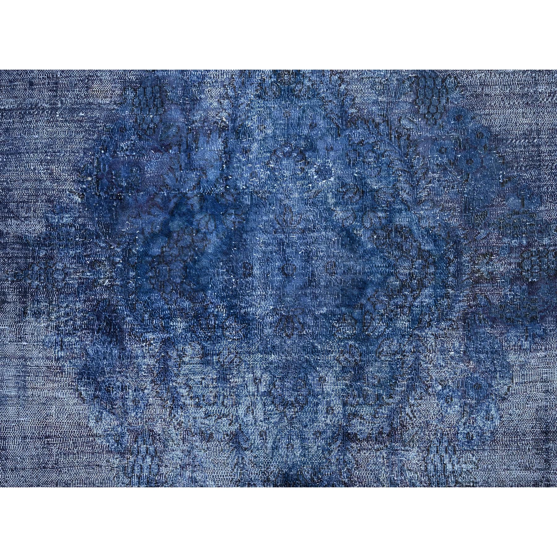 8'3"x10'9" Nightshadow Blue, Overdyed, Vintage Persian Kerman, Extra Soft Wool, Worn and Distressed, Tone on Tone, Shaved Down, Hand Knotted, Cleaned with Sides and Edges Professionally Secured Oriental Rug Sh86112