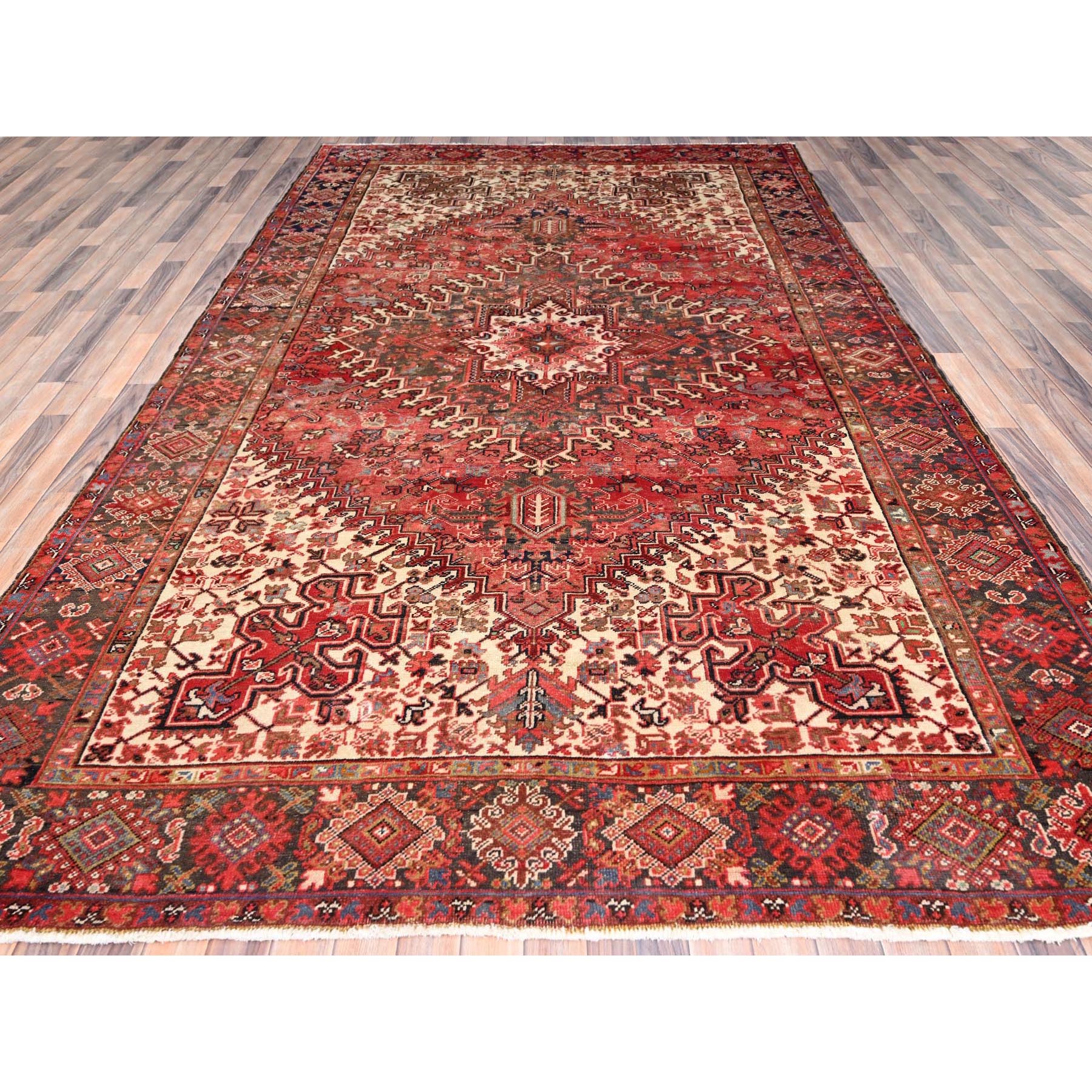 7'10"x11'10" Bills Red and Pitch Black, Semi Antique Vintage Heriz Persian With Geometric Flower Design, Sides and Ends Professionally Secured cleaned Hand Knotted Organic Wool Oriental Rug Sh86120