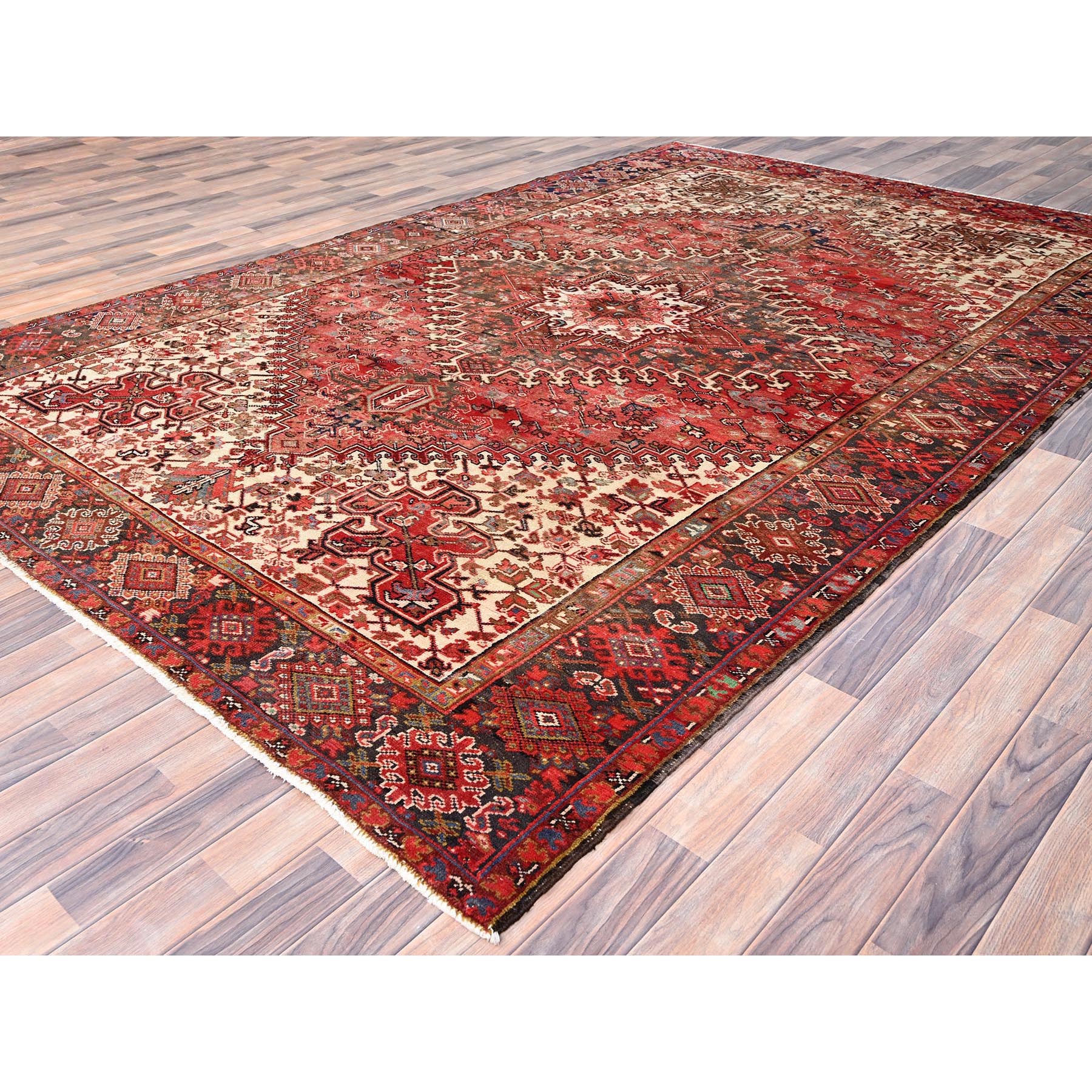 7'10"x11'10" Bills Red and Pitch Black, Semi Antique Vintage Heriz Persian With Geometric Flower Design, Sides and Ends Professionally Secured cleaned Hand Knotted Organic Wool Oriental Rug Sh86120