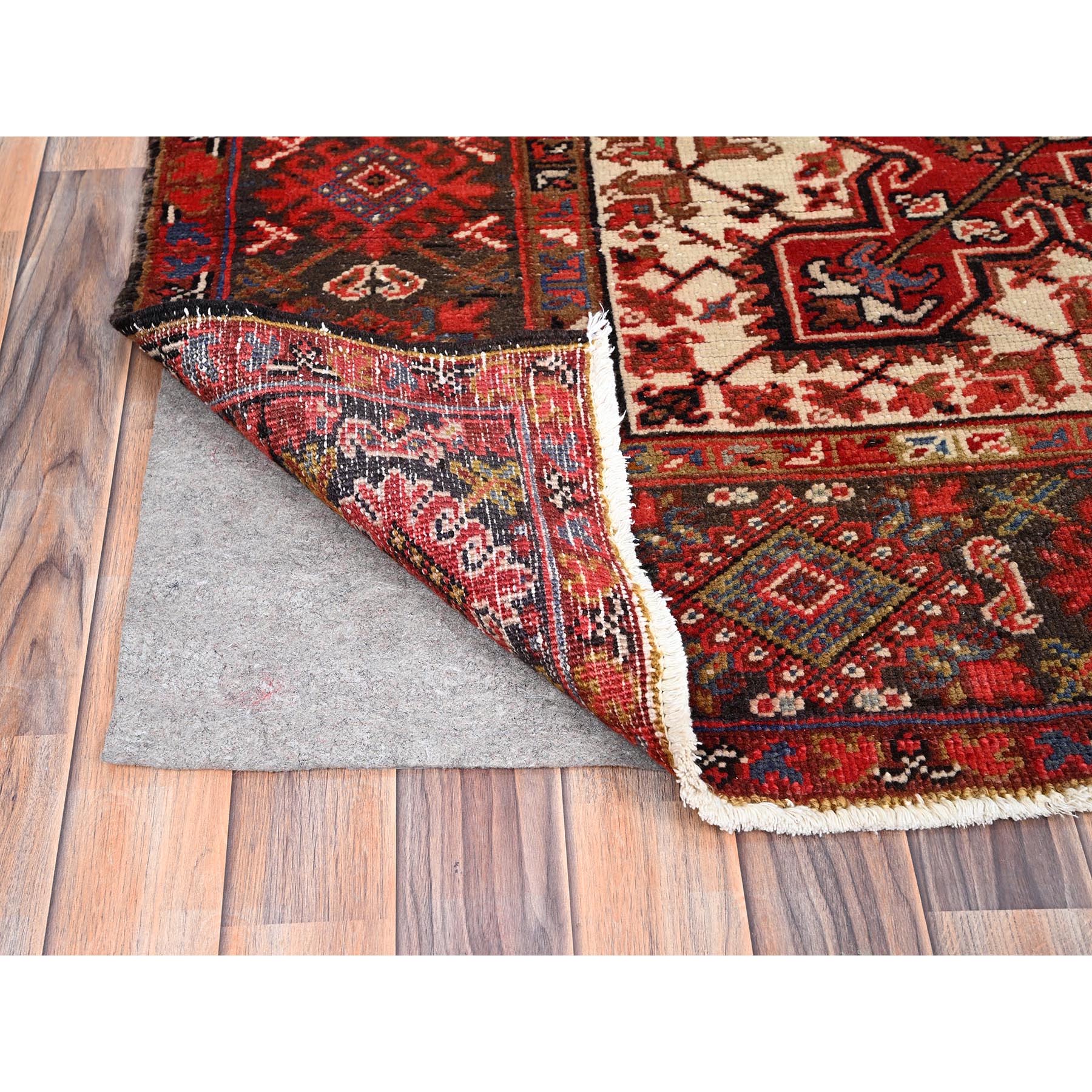 7'10"x11'10" Bills Red and Pitch Black, Semi Antique Vintage Heriz Persian With Geometric Flower Design, Sides and Ends Professionally Secured cleaned Hand Knotted Organic Wool Oriental Rug Sh86120