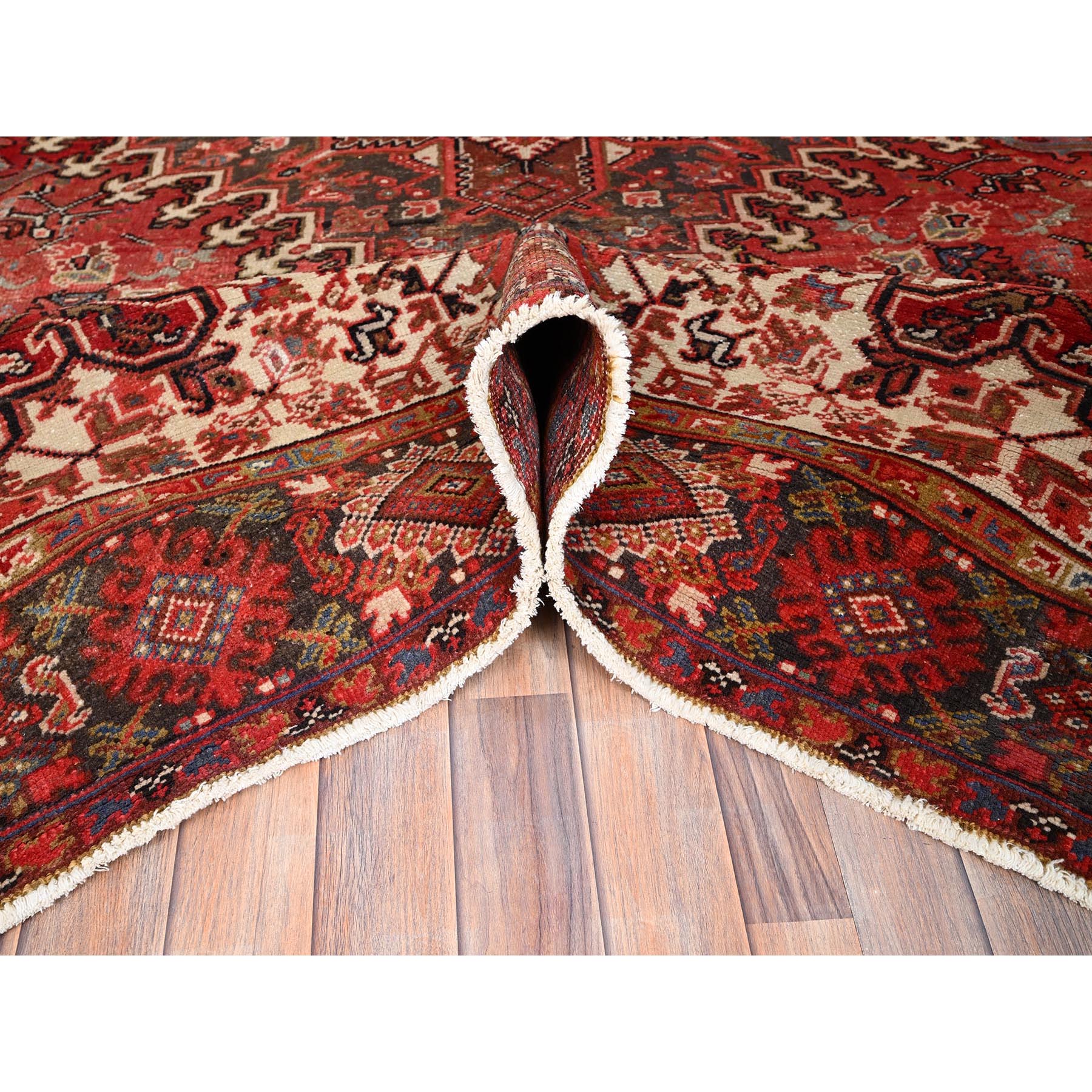 7'10"x11'10" Bills Red and Pitch Black, Semi Antique Vintage Heriz Persian With Geometric Flower Design, Sides and Ends Professionally Secured cleaned Hand Knotted Organic Wool Oriental Rug Sh86120